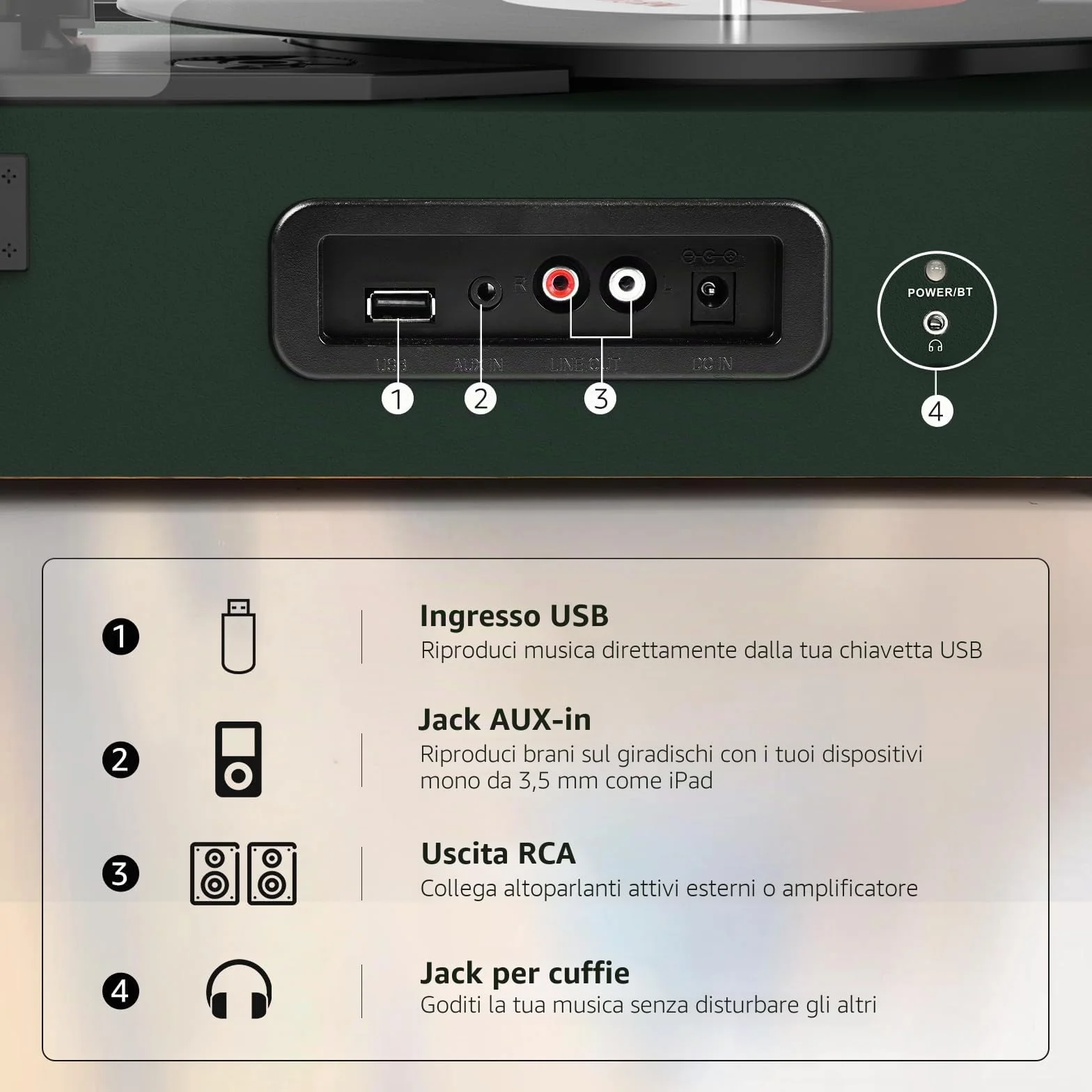 Udreamer Giradischi Bluetooth con Altoparlanti Integrati, Fonografo Vintage 3 Velocità, Verde