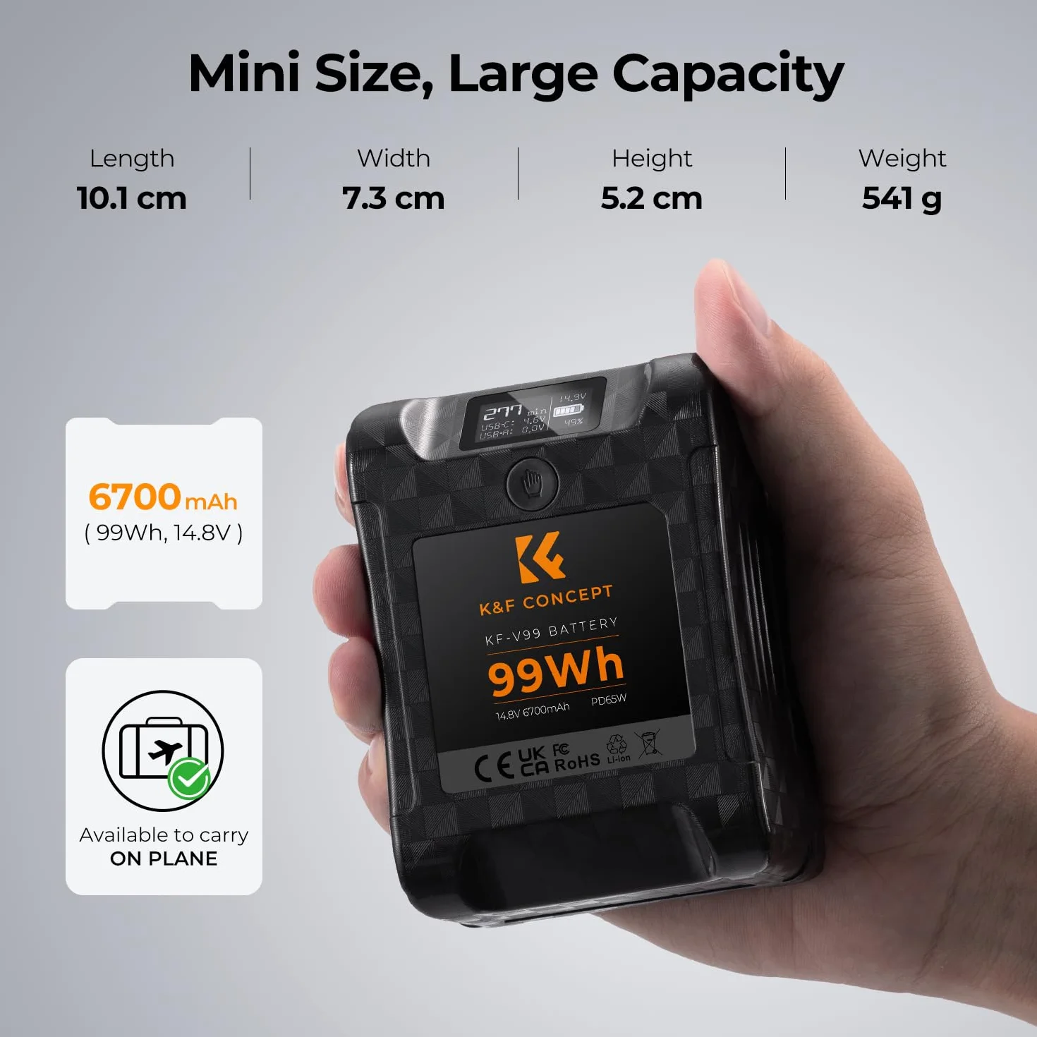 K&F CONCEPT V Mount Batteria 99 Wh/6700 mAh/14,8 V Coadiuvante 65W Carica Rapida PD Bidirezionale con D-TAP/USB-A/USB-C/BP,Schermo OLED, per Viaggio/Fotocamera/Smartphone