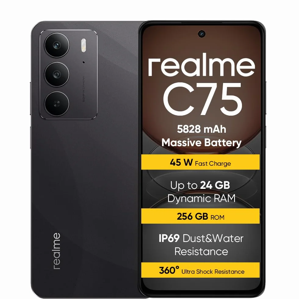 realme C75 Smartphone 8+256 GB, IP69,Batteria da 5828 mAh,Vetro ArmorShell 2, Fotocamera super nitida da 50 MP, Ricarica rapida da 45W, Black(nessun adattatore)