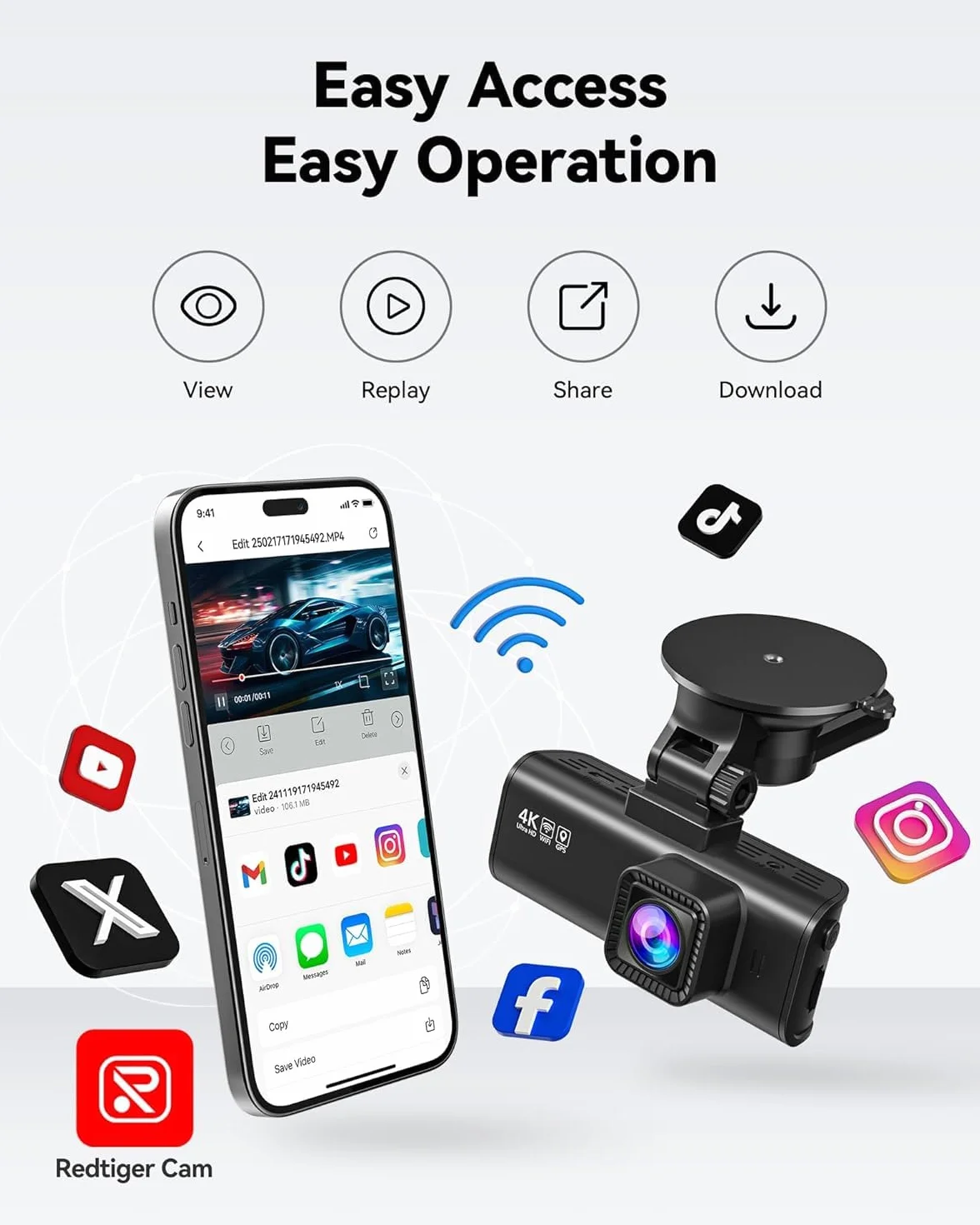 REDTIGER Dash Cam 4K/2.5K Anteriore e Posteriore, STARVIS 2, Schermo IPS 3,18 Pollici, 128 GB Inclusa, WiFi 5,8 GHz, GPS, WDR 170° Grandangolare