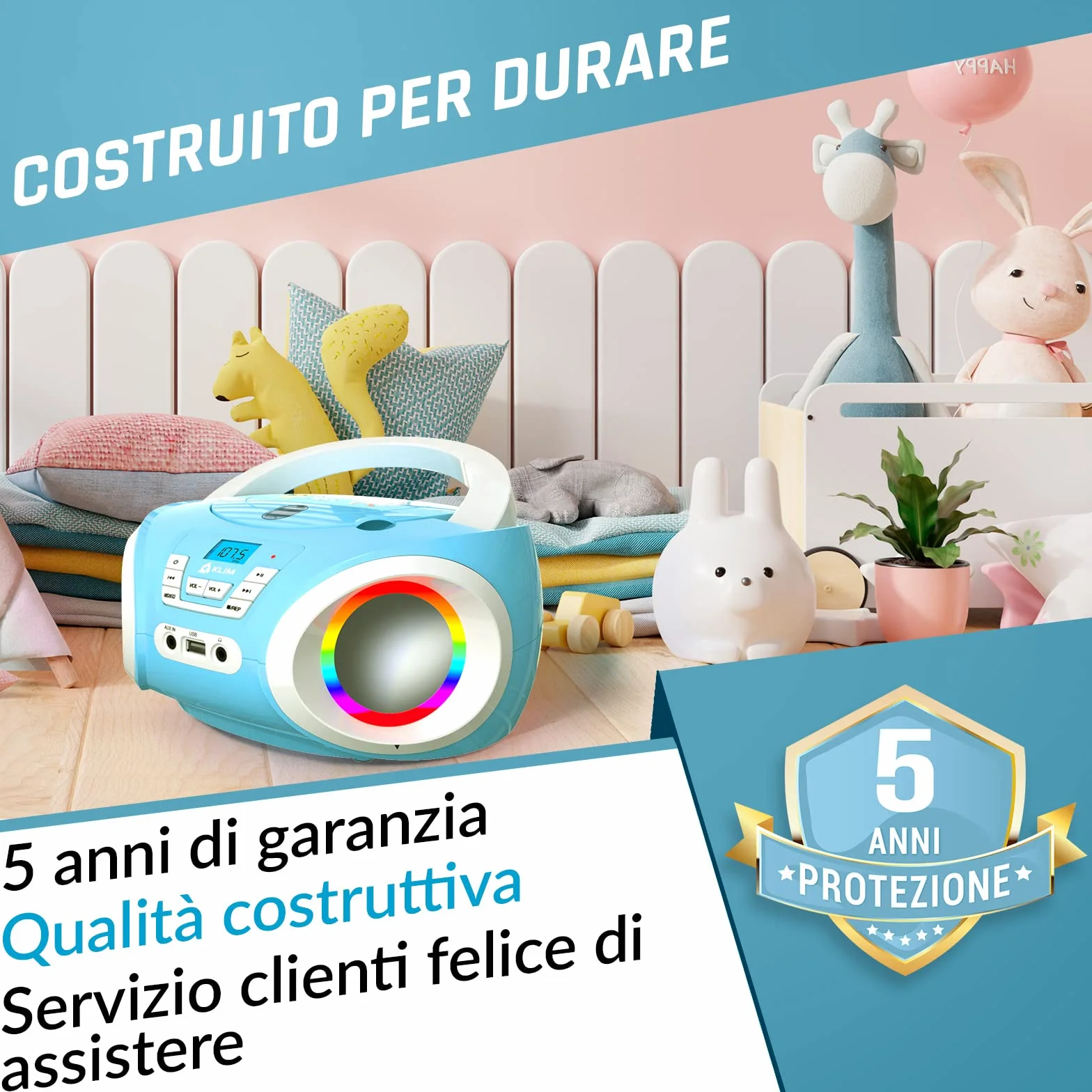 KLIM Candy Stereo per bambino NUOVO + Radio FM + Batterie incluse + Lettore CD Blu con altoparlanti e Radio + Regalo Perfetto