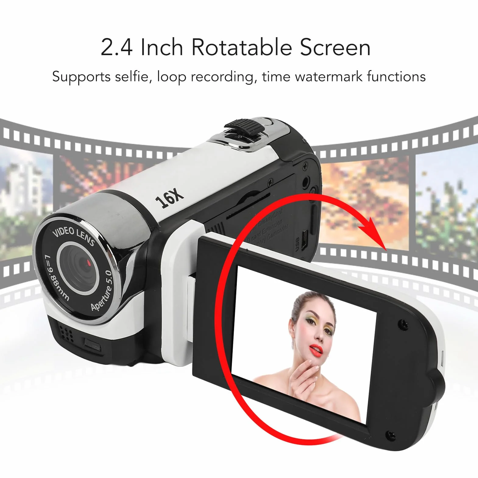 lyrlody Fotocamera Digitale da 16 MP, Registrazione Video 1080p, Display Rotante da 2,4 Pollici, Zoom Digitale 16x e Luce di Riempimento, per Viaggi, Matrimoni, Film per Bambini (WHITE)