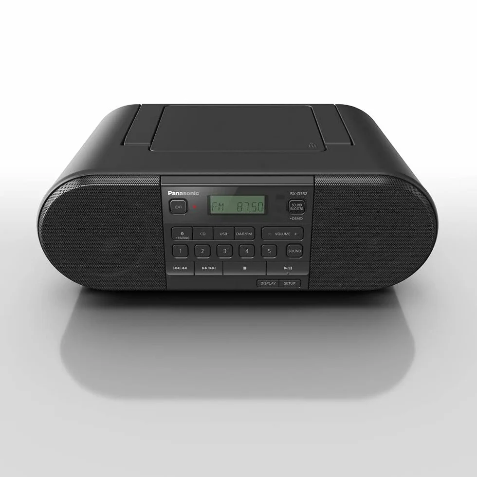 Panasonic RX-D552 Radio DAB+, Bluetooth, Lettore Cd, Design Vintage, 20W, USB, Telecomando Incluso, Portatile, Sound Booster, Nero