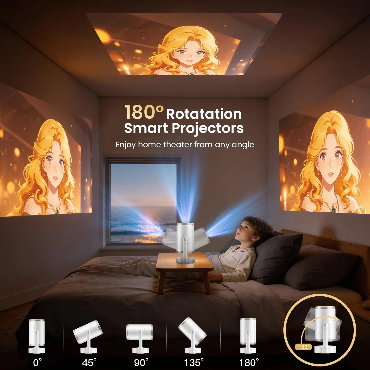Proiettore Portatile Supporto 4K 1080P, Mini Proiettore Android 12.0 WiFi 6 Bluetooth 5.4, 260 ANSI Lumen, Auto Keystone e Zoom Regolabile, Rotazione a 180°, Schermo 30 a 200 Pollici per Home Cinema