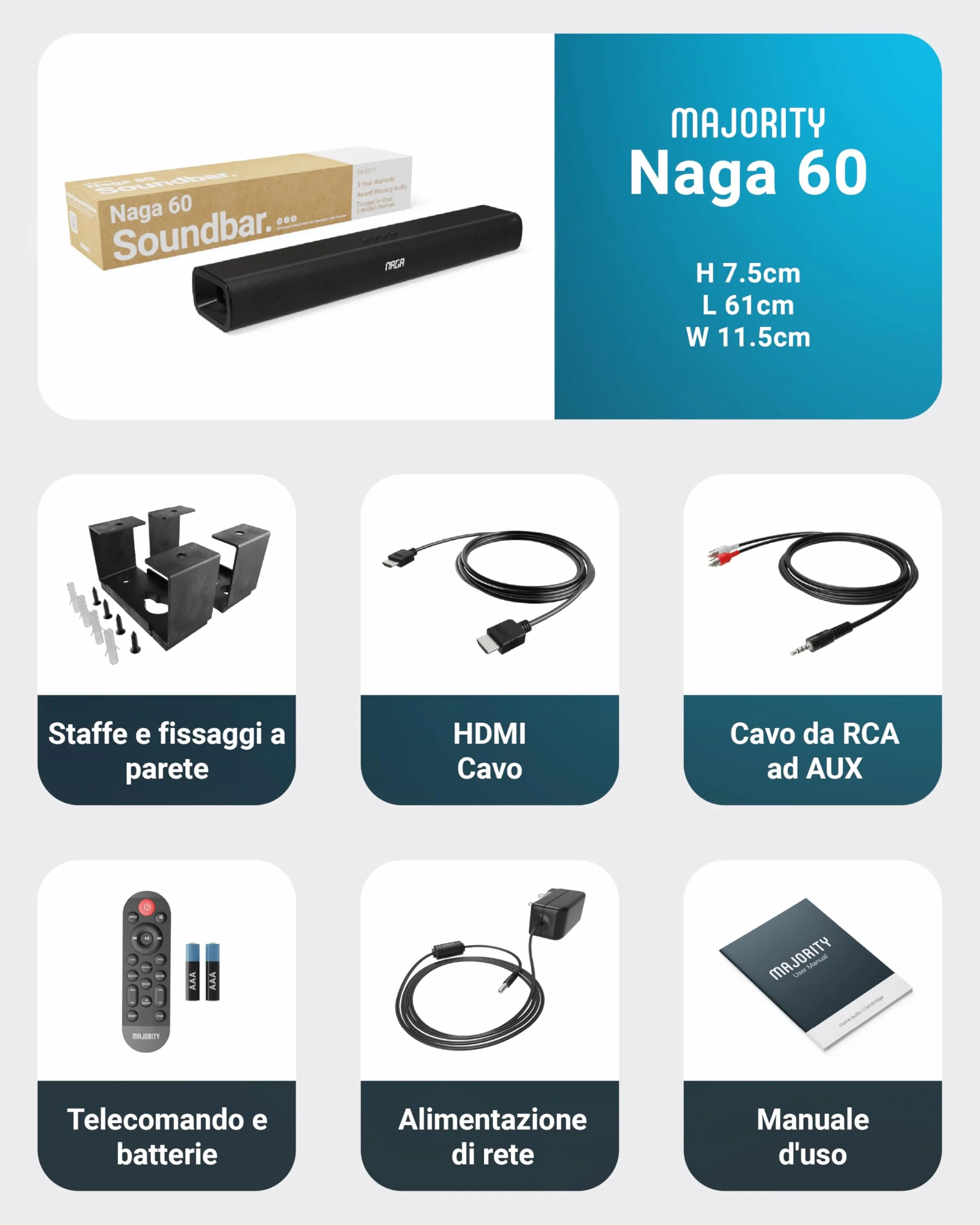 Majority 120W Barra Soundbar TV Sound Bar con Bluetooth 24" 2.1 Ottico AUX HDMI Home Theater Montabile a Parete