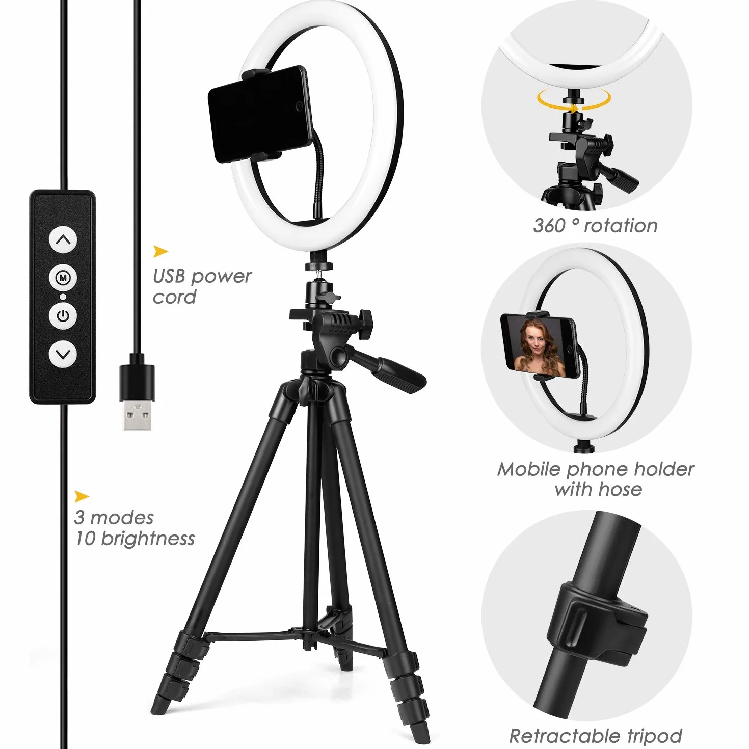 10" Ring Light, Luce Per Selfie Telecomando con Trepiedi per Cellulari, 3000k-5600k 3 Modalità e 10 Luminosità, Luce ad Anello USB per Tik Tok/Youtube/Trucco/Selfi