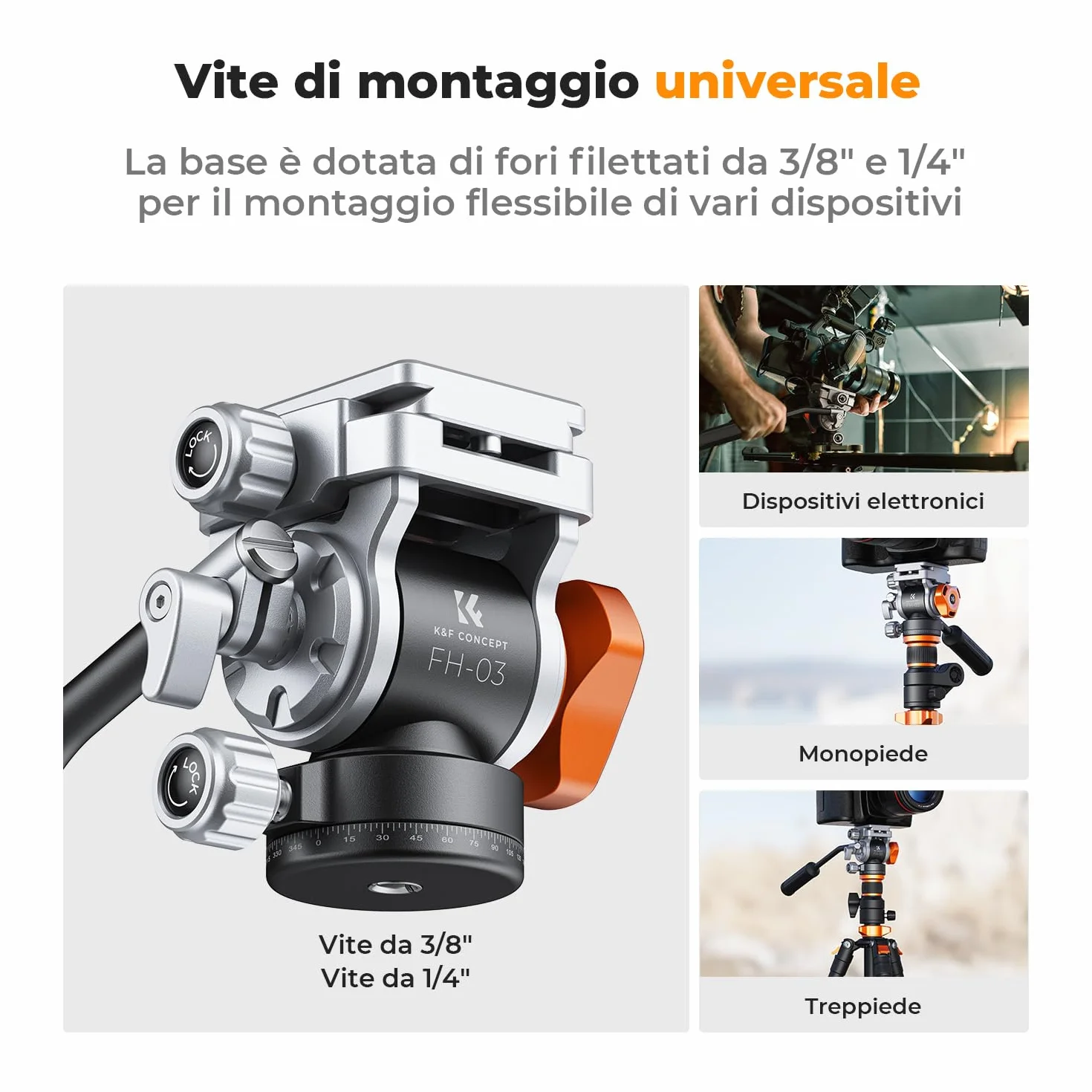 K&F CONCEPT Testa per Treppiede, FH-03 Testa Fluida con Piastra Arca-Swiss, Regolabile a 360° e Inclinazione ±90°, Testa Ammortizzata, Compatibile con Fotocamera DSLR, Videocamera, Carico Max 5kg