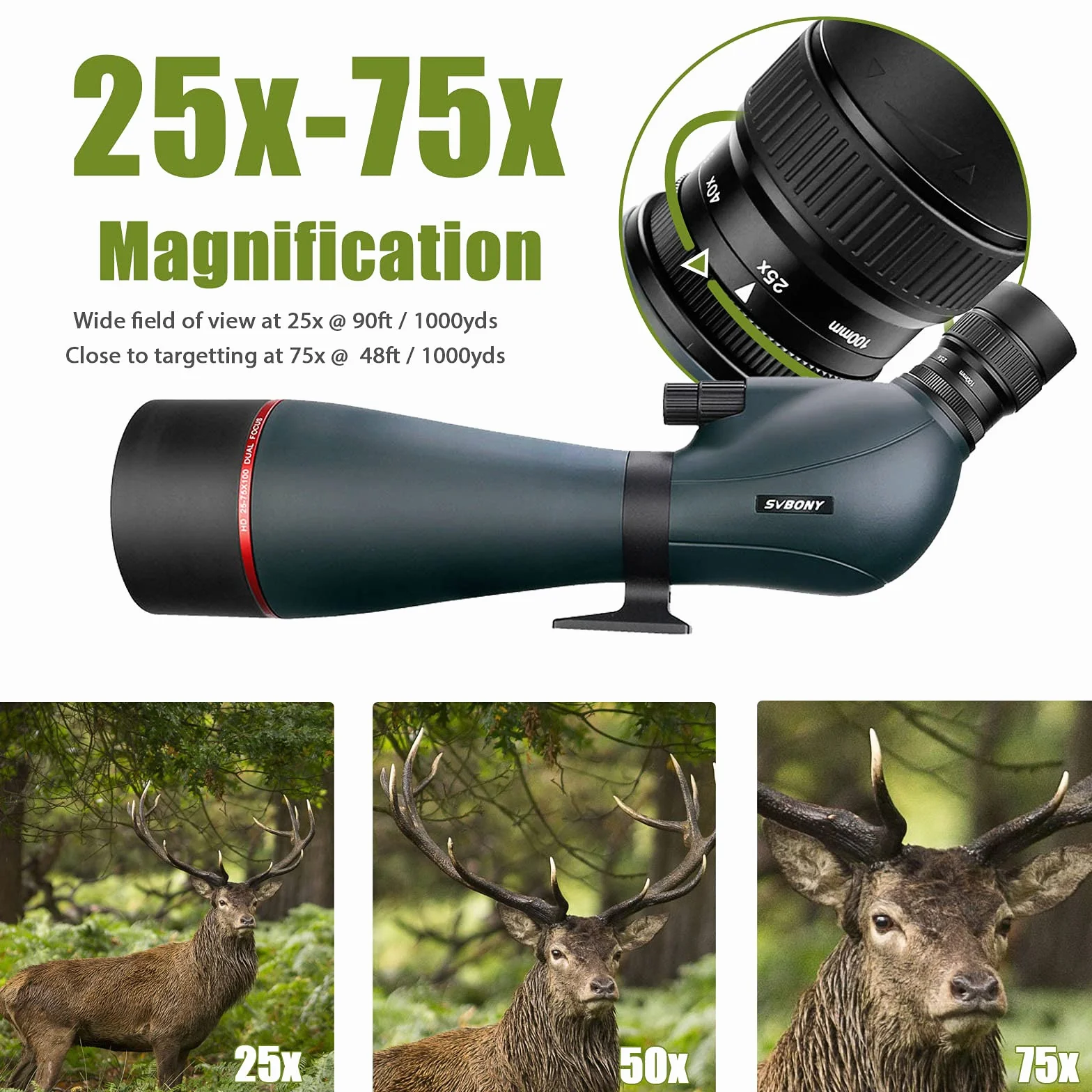 Svbony SV406 Spotting Scope 25-75x100, Prisma con Rivestimento Porro FMC a Doppia Messa a Fuoco, Cannocchiali Angolati Impermeabili HD per Astronomia Luna Birdwatching Scenario della Fauna Selvatica