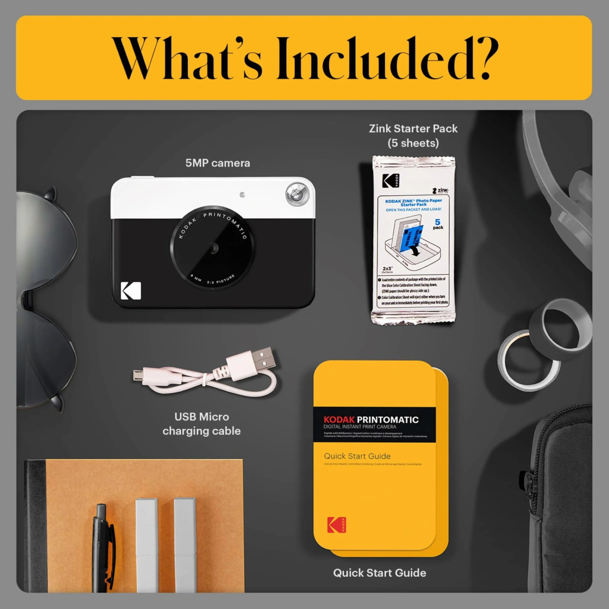 KODAK Pacchetto Base per Fotocamera istantanea Printomatic (Nero) + Carta Zink (20 Fogli) + Custodia Deluxe + Comoda Tracolla