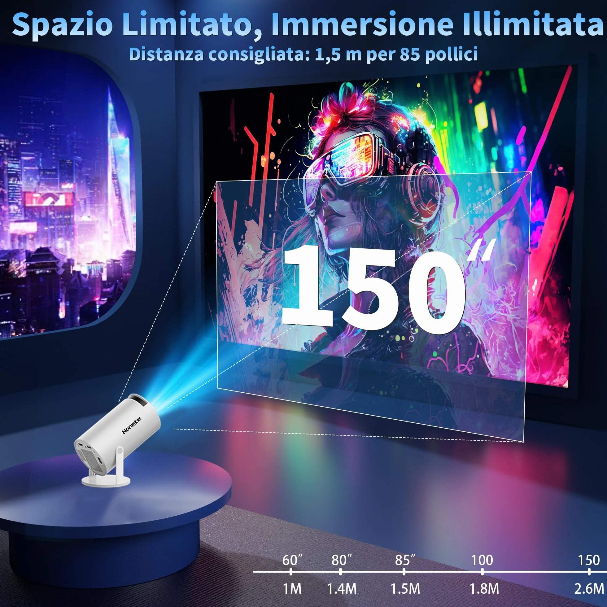 Proiettore 1080P FHD WiFi 6 BT 5.2 Portatile 4K Auto Keystone 270° Rotativo Bianco