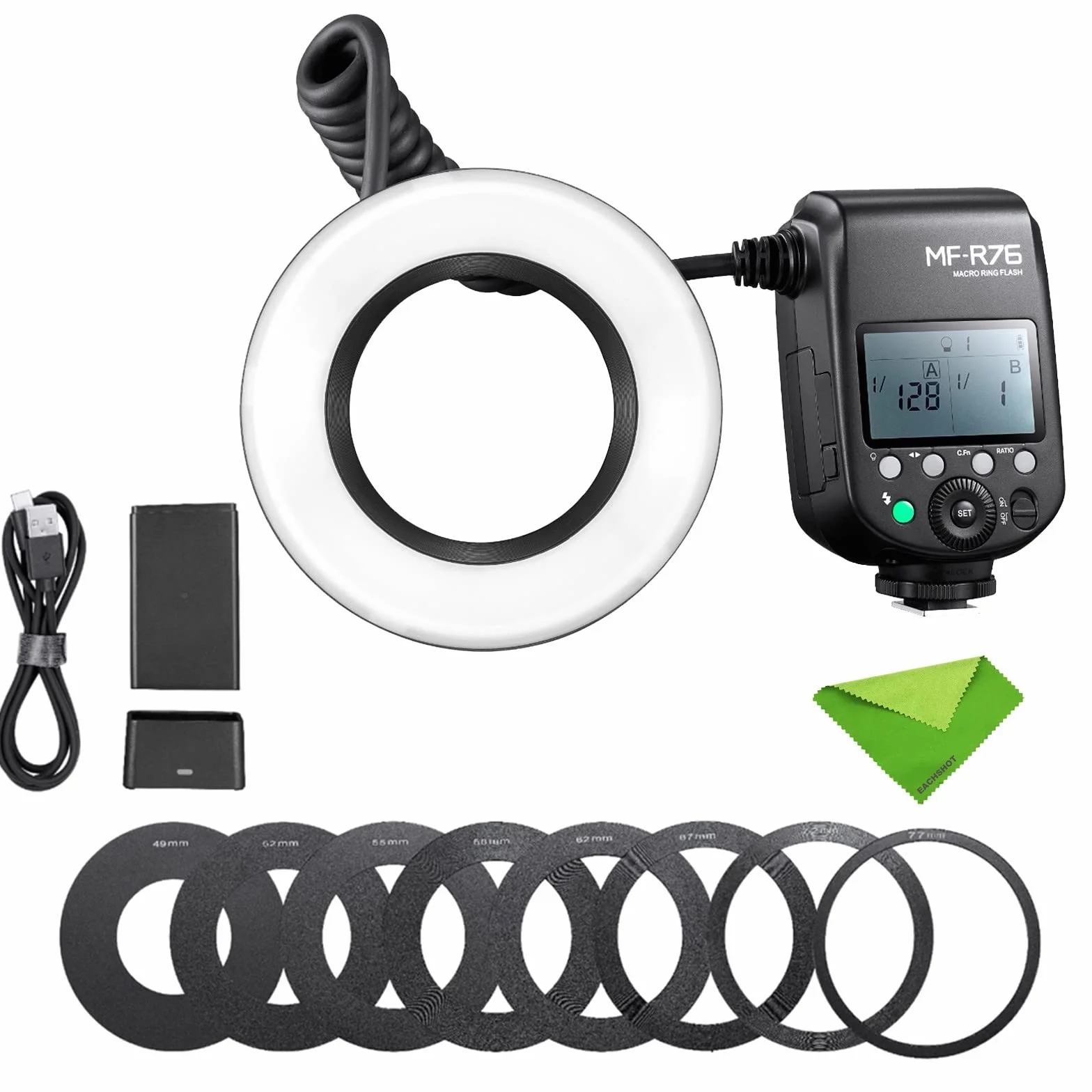 GODOX MF-R76 Anello LED Macro Speedlite 76Ws 660 Tubi Dual-Flash a piena potenza Regolazione della potenza da 1/128 a 1/1 10 livelli di rapporto di potenza per fotocamere DSLR Canon Nikon Sony Fuji