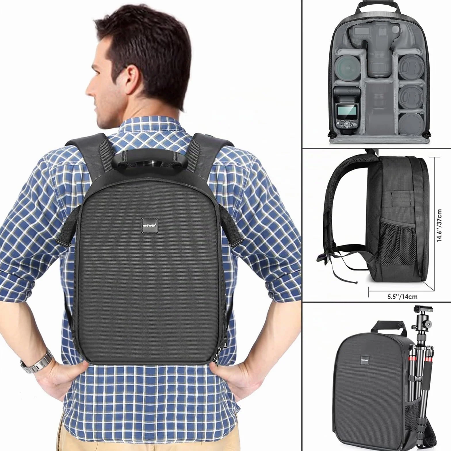 Neewer, Zaino imbottito flessibile per fotocamera, antiurto, con scomparti, per fotocamere SLR, reflex, mirrorless e relativi obiettivi, flash, telecomando per scatto a distanza (grigio all’Interno)