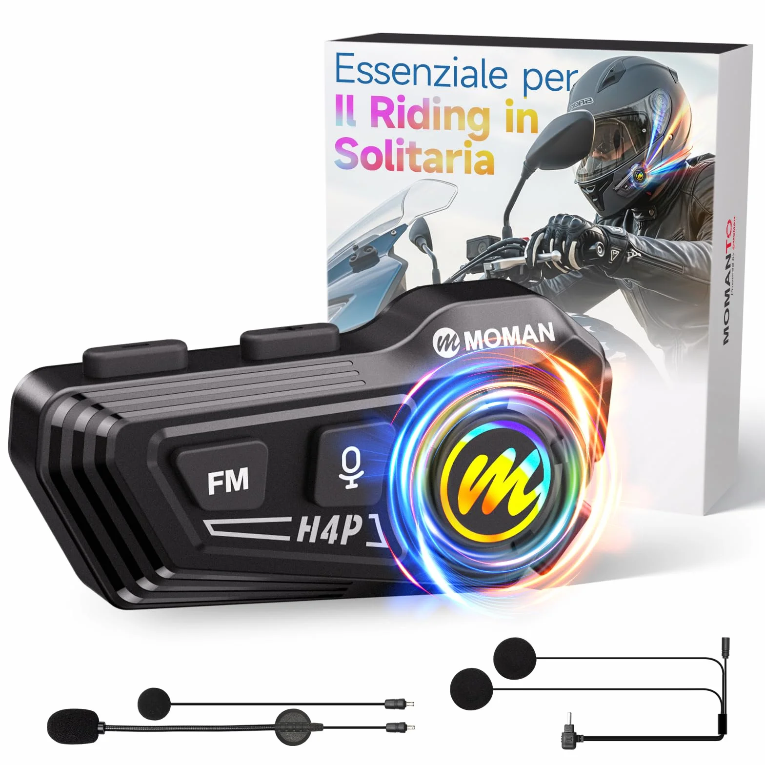 Moman Auricolare Casco Moto-1000mAh Batteria, RS-H4P Cuffie Casco Moto Doppia Riduzione del Rumore con Hi-Fi Microfono Morbida/Dura FM/RGB/IPX6/Controllo Musica/Vocale AI Auricolari Moto Per Singola