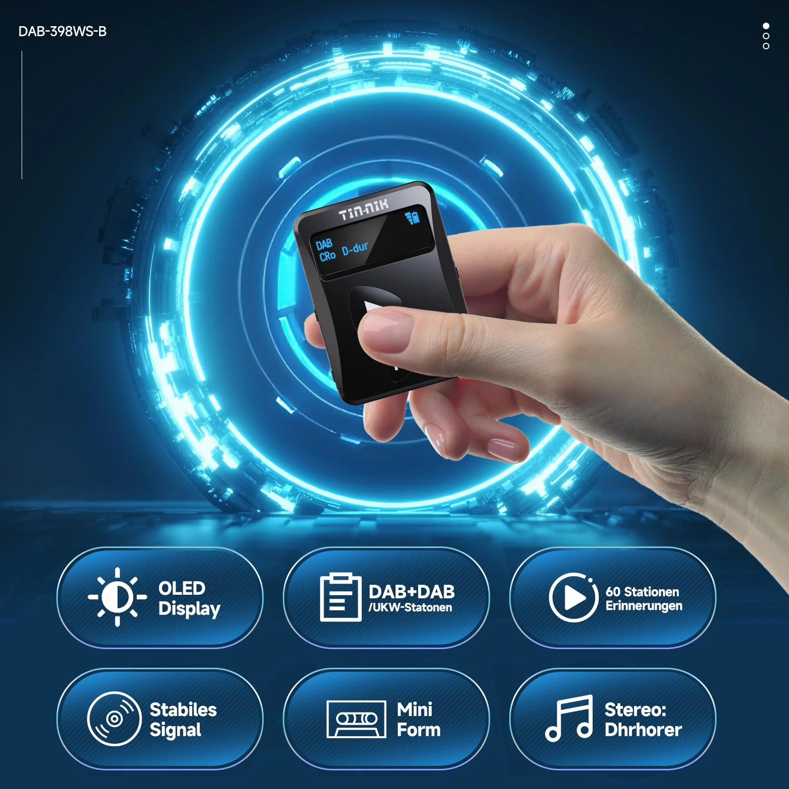 Tin-Nik DAB-398WS-B Portable DAB/DAB+/FM Radio, Mini Radio Digitale Tascabile RDS FM con Batteria Ricaricabile, Auricolari, Scelta Grandi e Piccole Dimensioni
