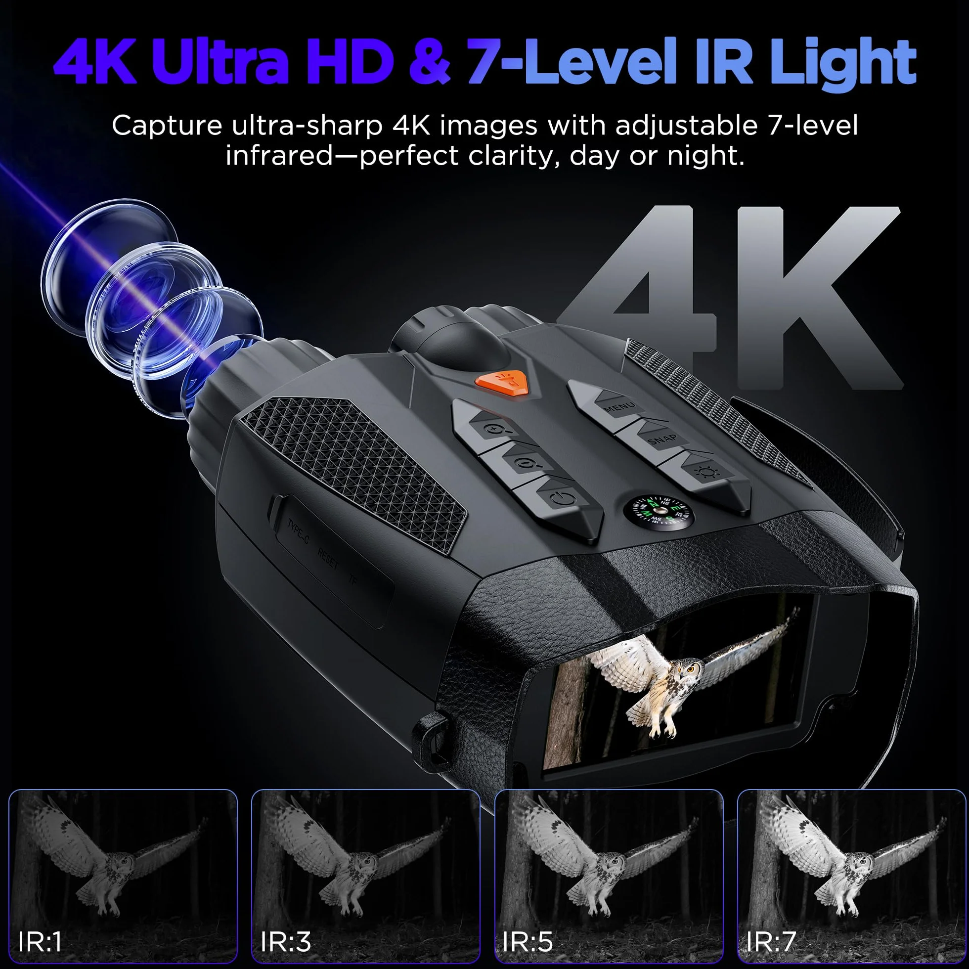 Binocolo Visore Notturno 4K: Night Vision con Batteria Ricaricabile Da 5000mAh - Visione Notturna 10X Digitale Zoom 7-Livelli Infrarossi 3" - Regali Di Caccia Per Uomini/Papà/Marito - Campeggio