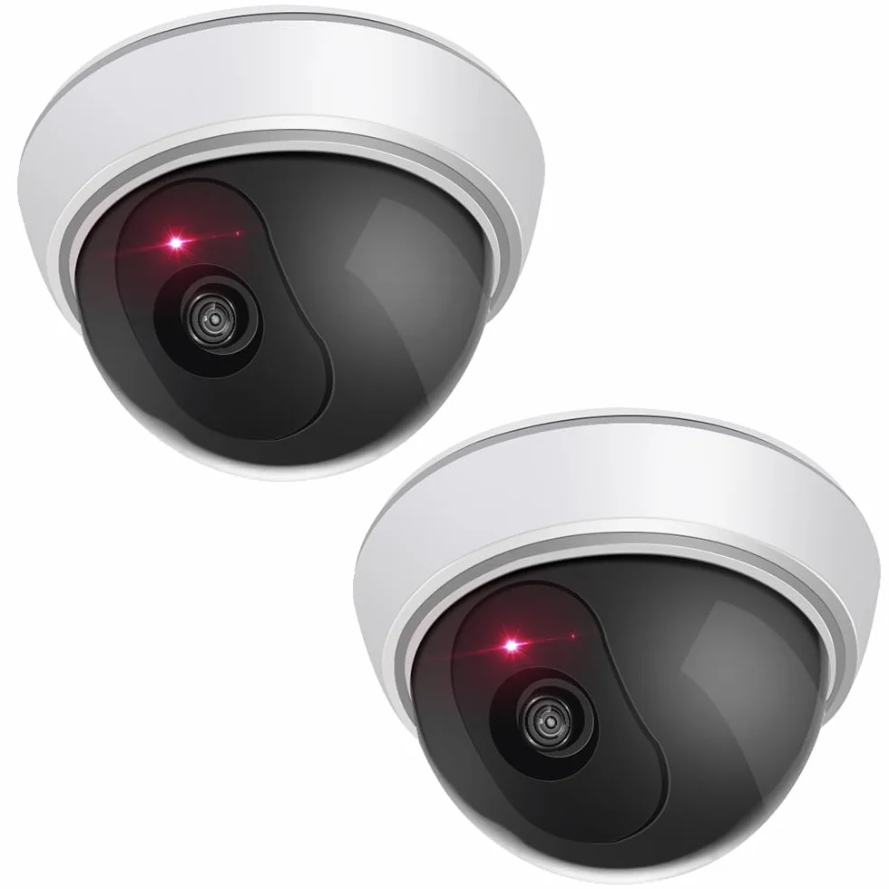 ERWEY Set di 2 finte telecamere di sicurezza con obiettivo, video sorveglianza per messa in sicurezza delle merci, telecamera falsa con luce LED rossa per parete e soffitto