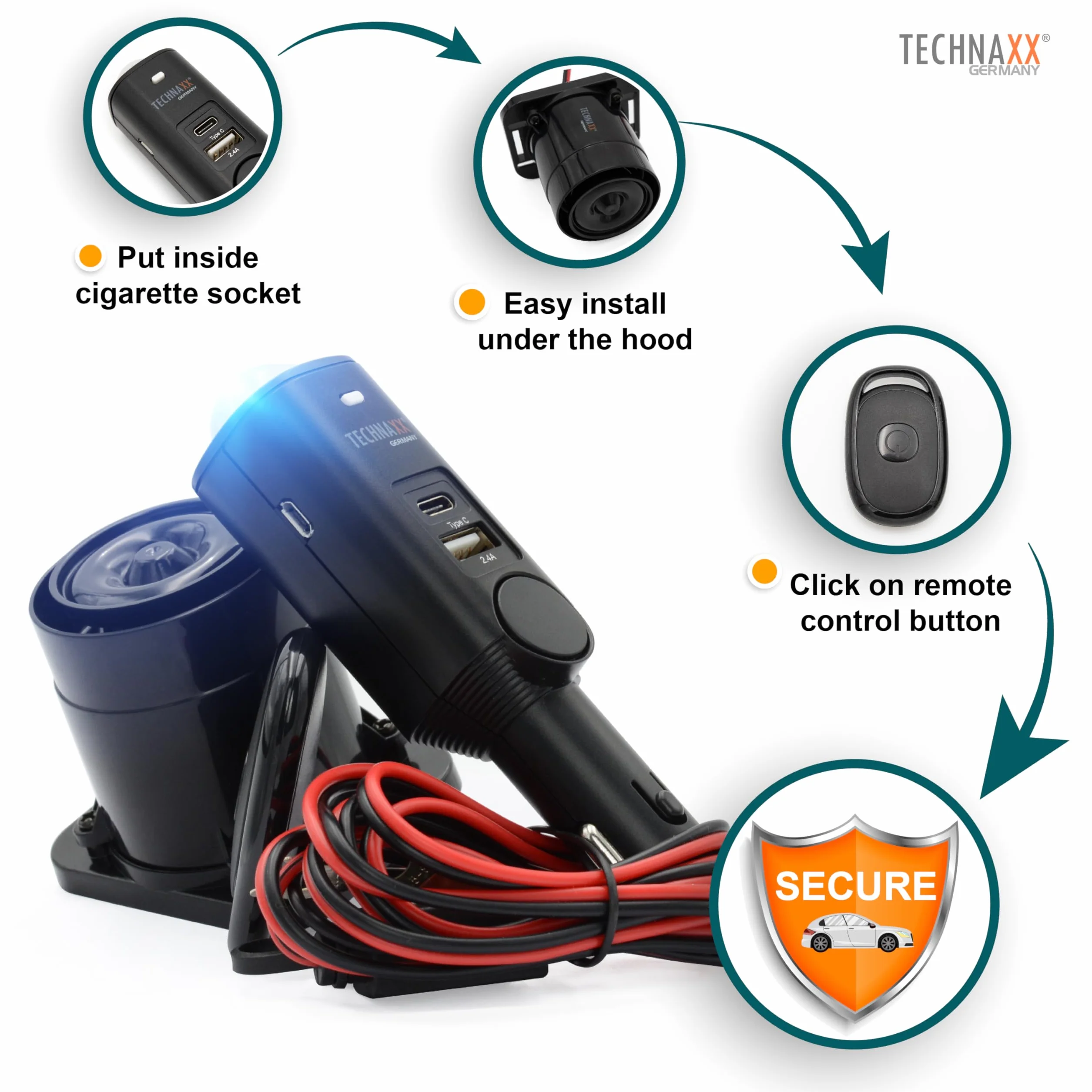 Technaxx Allarme auto con sensore di movimento PIR 105 dB – Sistema di sicurezza veicoli telecomando TX-168