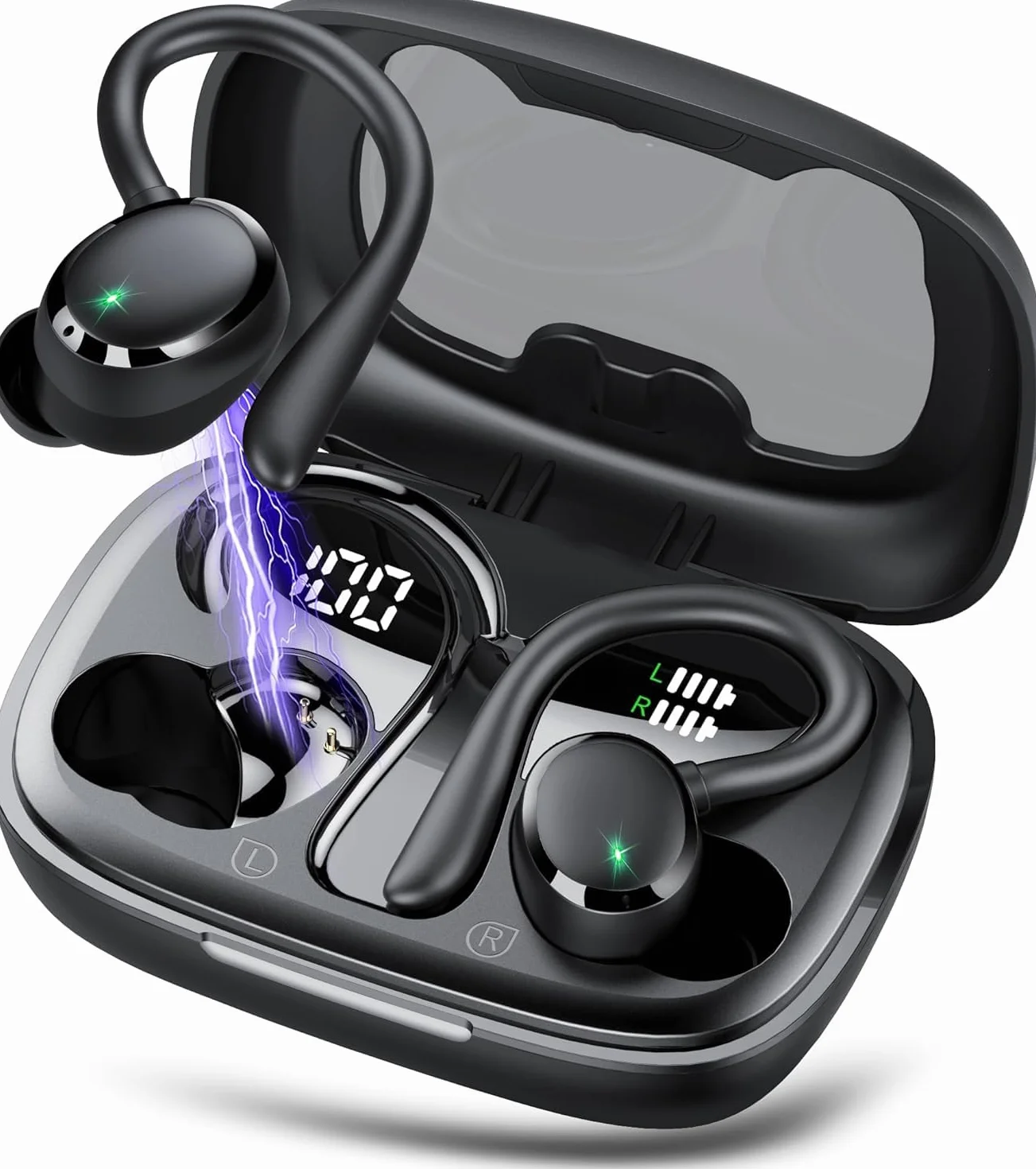 IKG Cuffie Bluetooth Sport, Auricolari Bluetooth 5.3 Bassi Profondi,72 ore di Riproduzione Cuffie Wireless Cancellazione Rumore con 4 mic,Auricolari Sportivi con Display a LED, IPX7