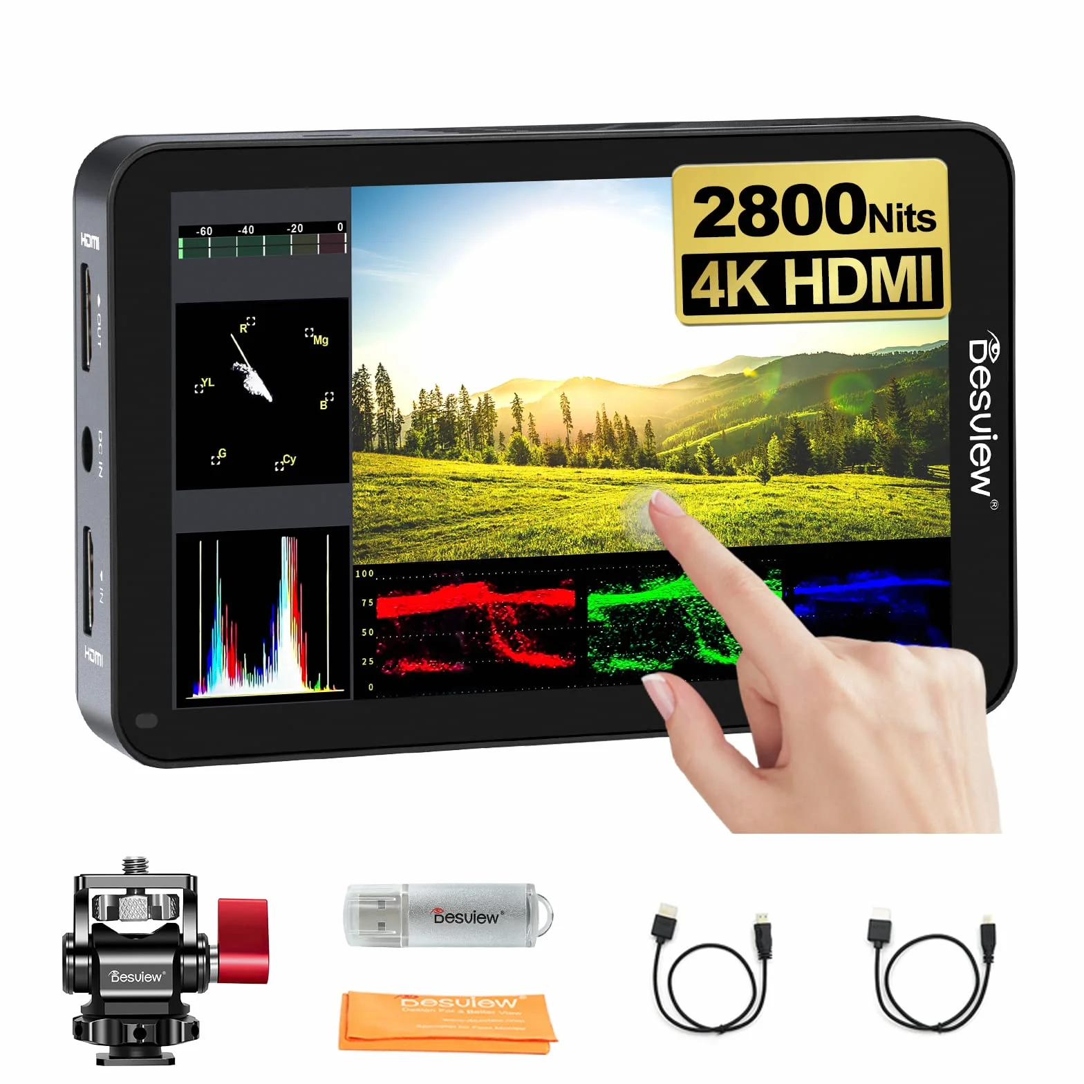Desview R6 2800nits Monitor da campo della fotocamera, 5,5 pollici Touch Screen Full HD 1920x1080 IPS 4K HDMI con forma d'onda HDR 3D LUT Peaking Focus Monitor video per fotocamera DSLR