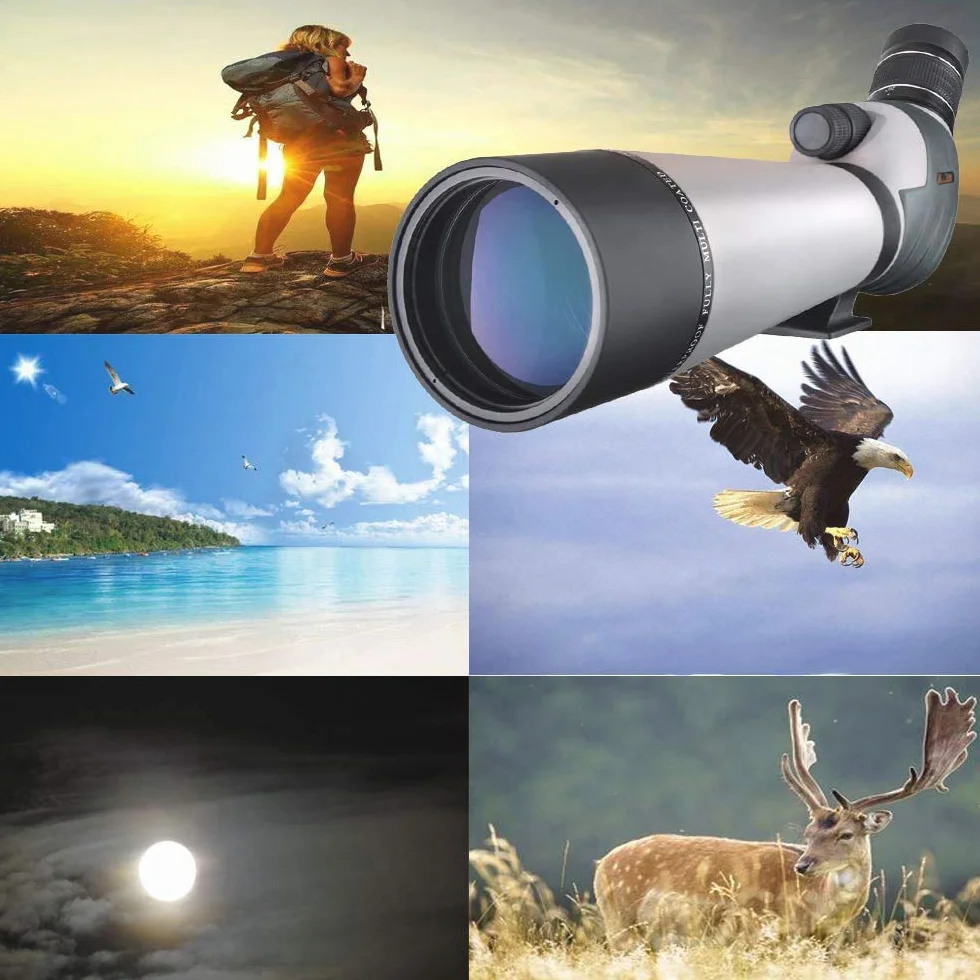 Cannocchiale HD 20-60x80, zoom a doppia messa a fuoco impermeabile BAK4 Oculare angolato a 45 gradi completamente multistrato per caccia, tiro, birdwatching, con adattatore per smartphone