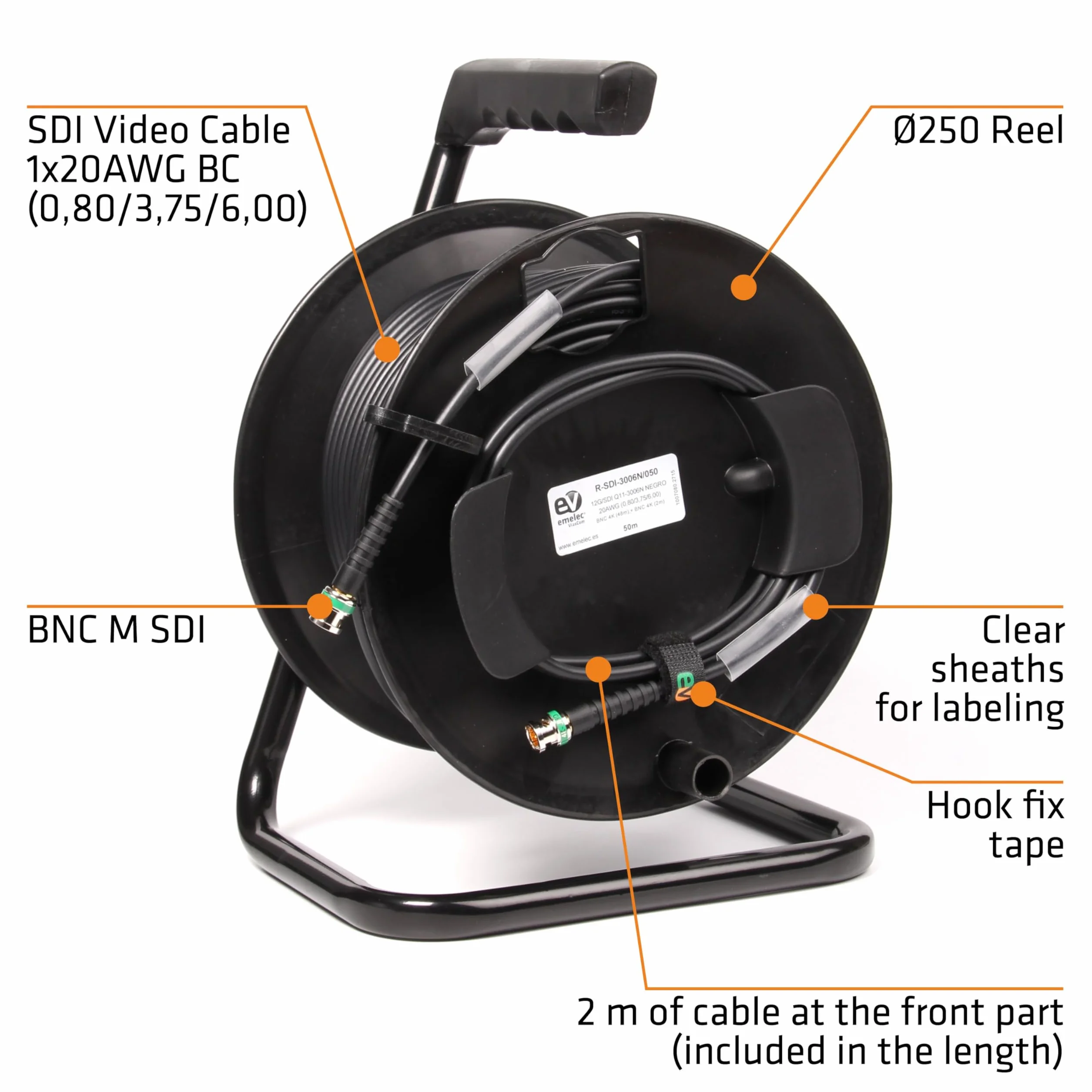 R-SDI-3006N/050-50m Cavo Video 4K-UHD 12G-SDI (0.8/3.75/6.0) Montato su Portacavi con BNC 4K-UHD - Driver Unifilare - Colore Nero - PVC flessibile