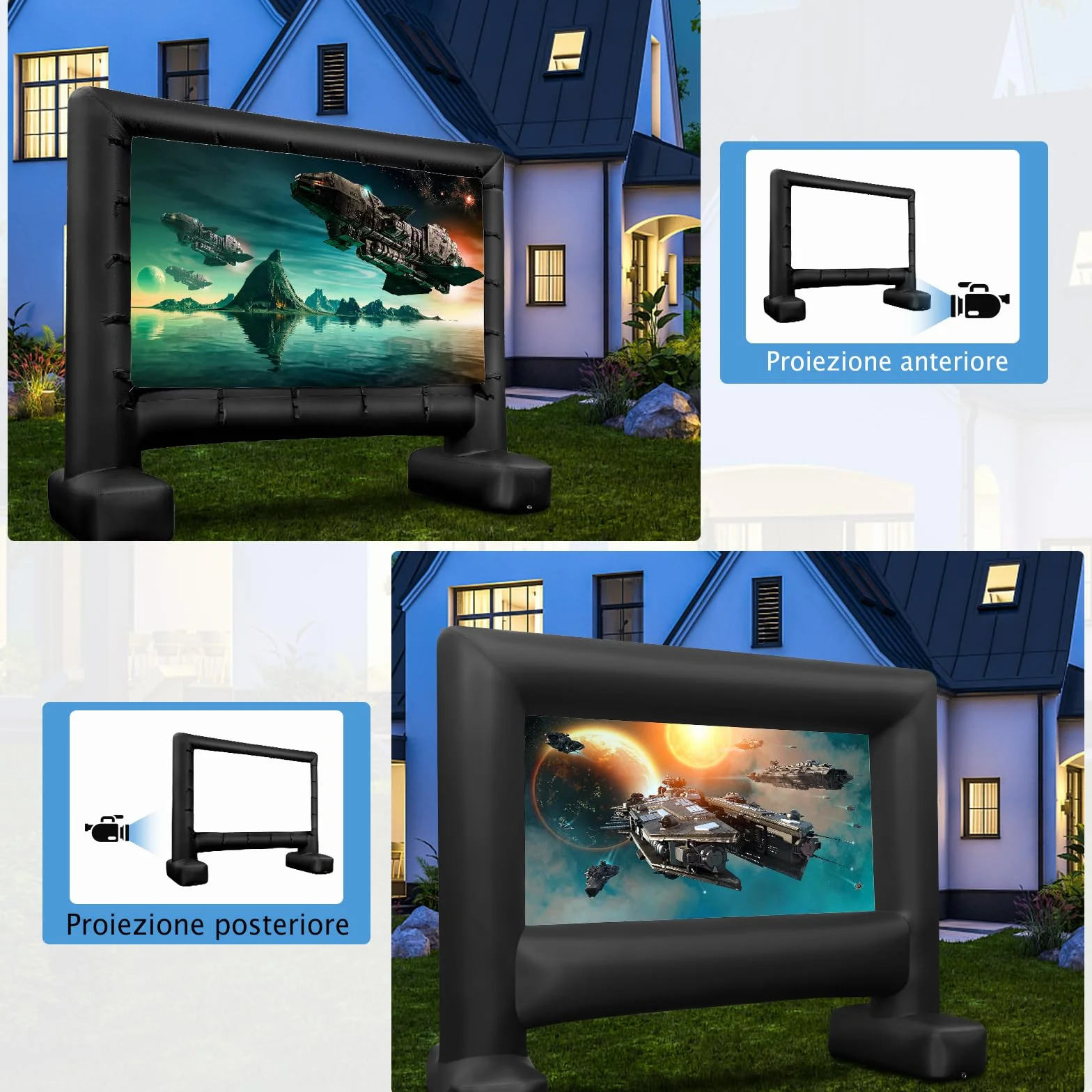 GYMAX Schermo Proiettore Gonfiabile 4 M/4,5M, Telo Proiettore Pieghevole Portatile per Film con Soffiatore d'Aria, Schermo Doppia Faccia, Borsa, Picchetti, per Giardino, Terrazzo, Esterno (4M)