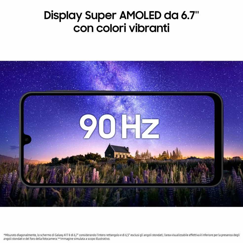 Samsung Galaxy A17, 3 anni di Garanzia del produttore, Android 15, Display Super AMOLED 6.7", 4GB RAM, 128GB, Batteria 5.000 mAh, Resistenza IP54, Memoria espandibile, Black [Versione Italiana]