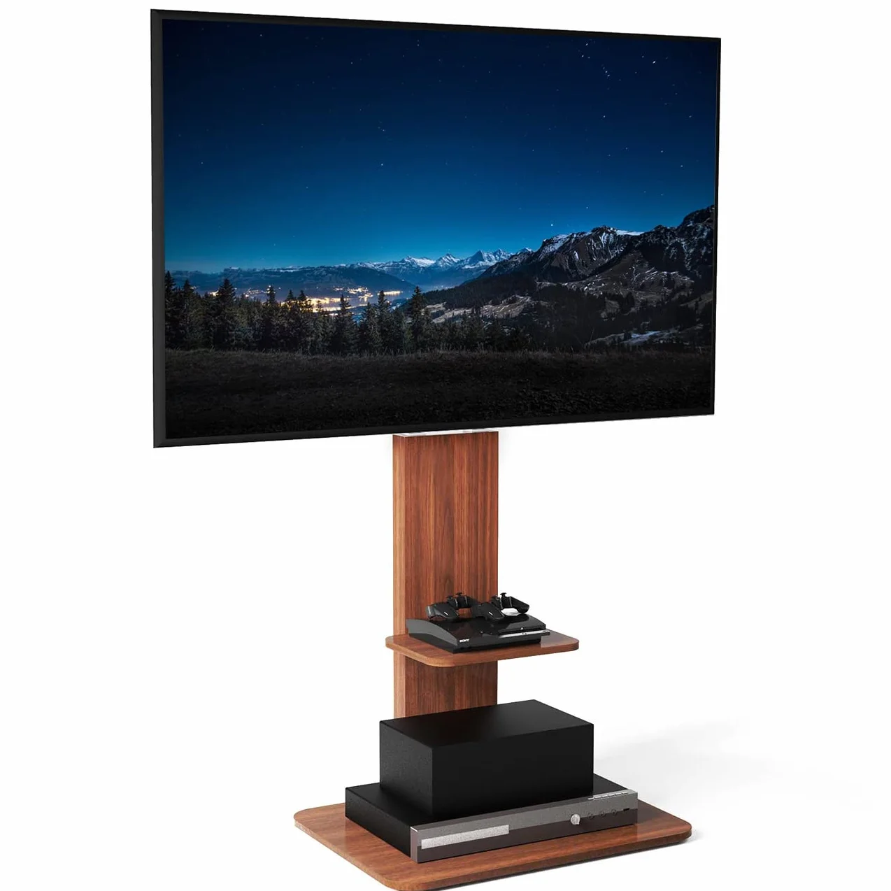 UNHO Supporto TV da Pavimento: Porta TV da Terra per Schermo 32-65 Pollici LED LCD Piedistallo TV con Staffa, 2 Ripiani in legno, Max VESA 600x400 mm, Fino a 40 kg
