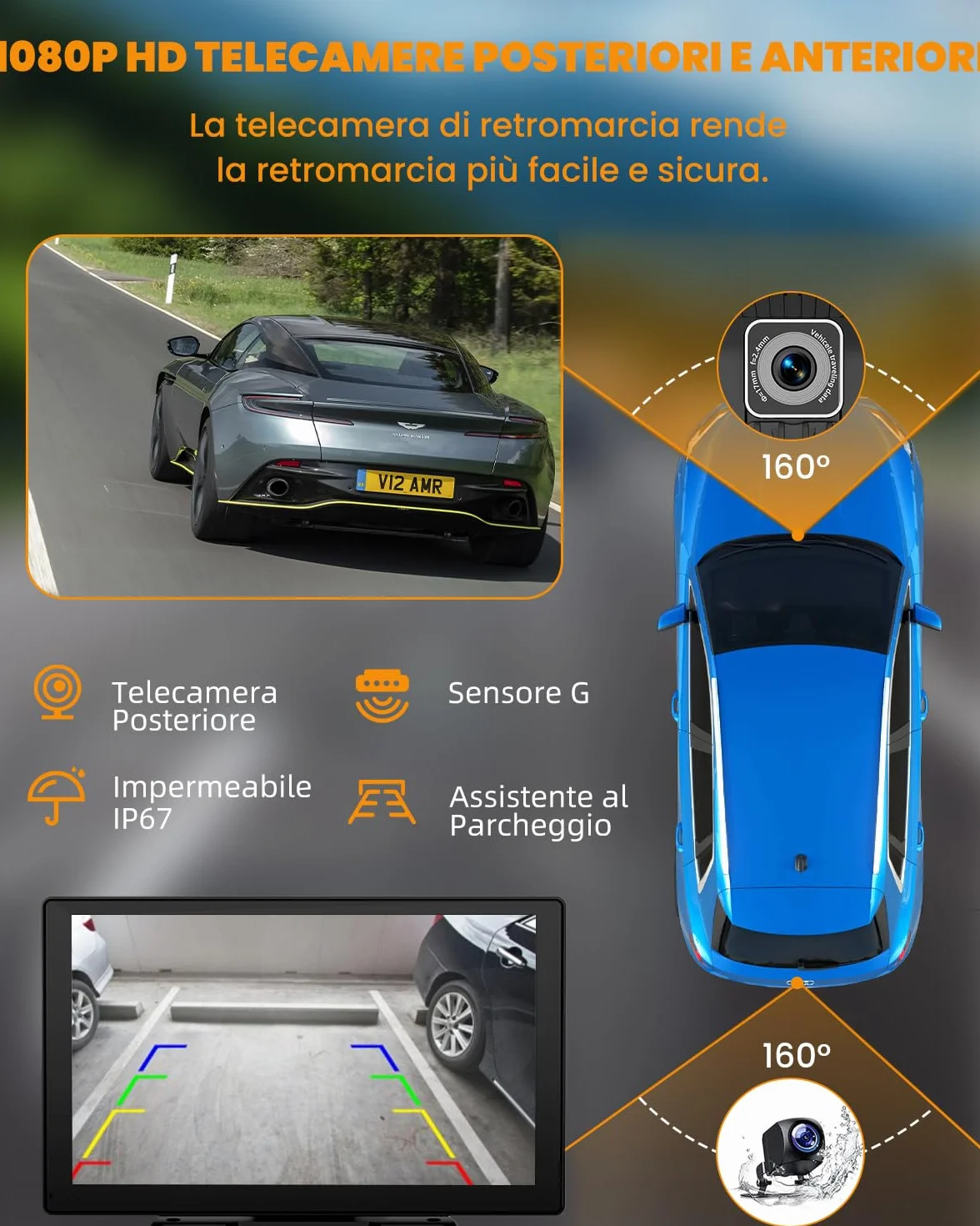 Carplay Auto, 9" Android Auto Wireless, Autoradio Bluetooth con Schermo con 1080P Telecamere Posteriori e Anteriori, Navigazione GPS, Controllo Vocale a Mani Libere, Mirror Link, AUX, FM