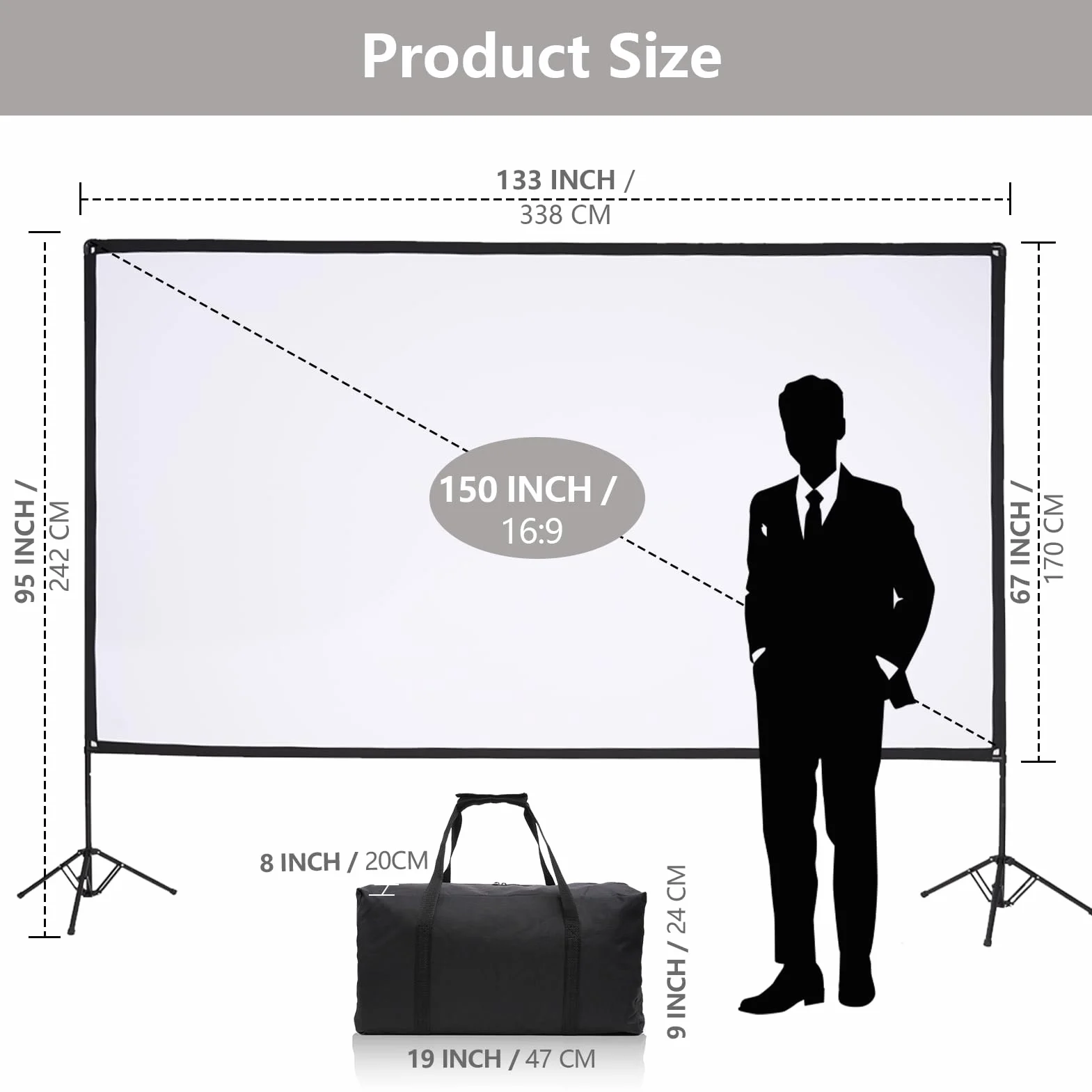EMART Telo Proiettore di Proiezione 150 Pollici 4K HD con Set Supporto, Lo Sfondo Può Essere Proiettato su Entrambi i Lati, Adatto per La Visione di Film in Sala, Riunioni ed Eventi All'aperto