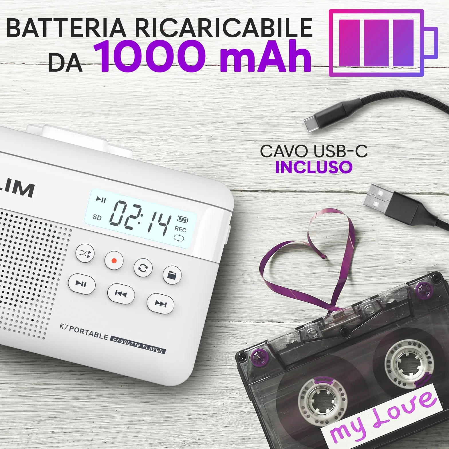 K7 Cassette Player Convertitore Cassette MP3 Lettore Audio Portatile Microfono Altoparlante Incorporati Batteria Ricaricabile Scheda SD 16 GB Bianco