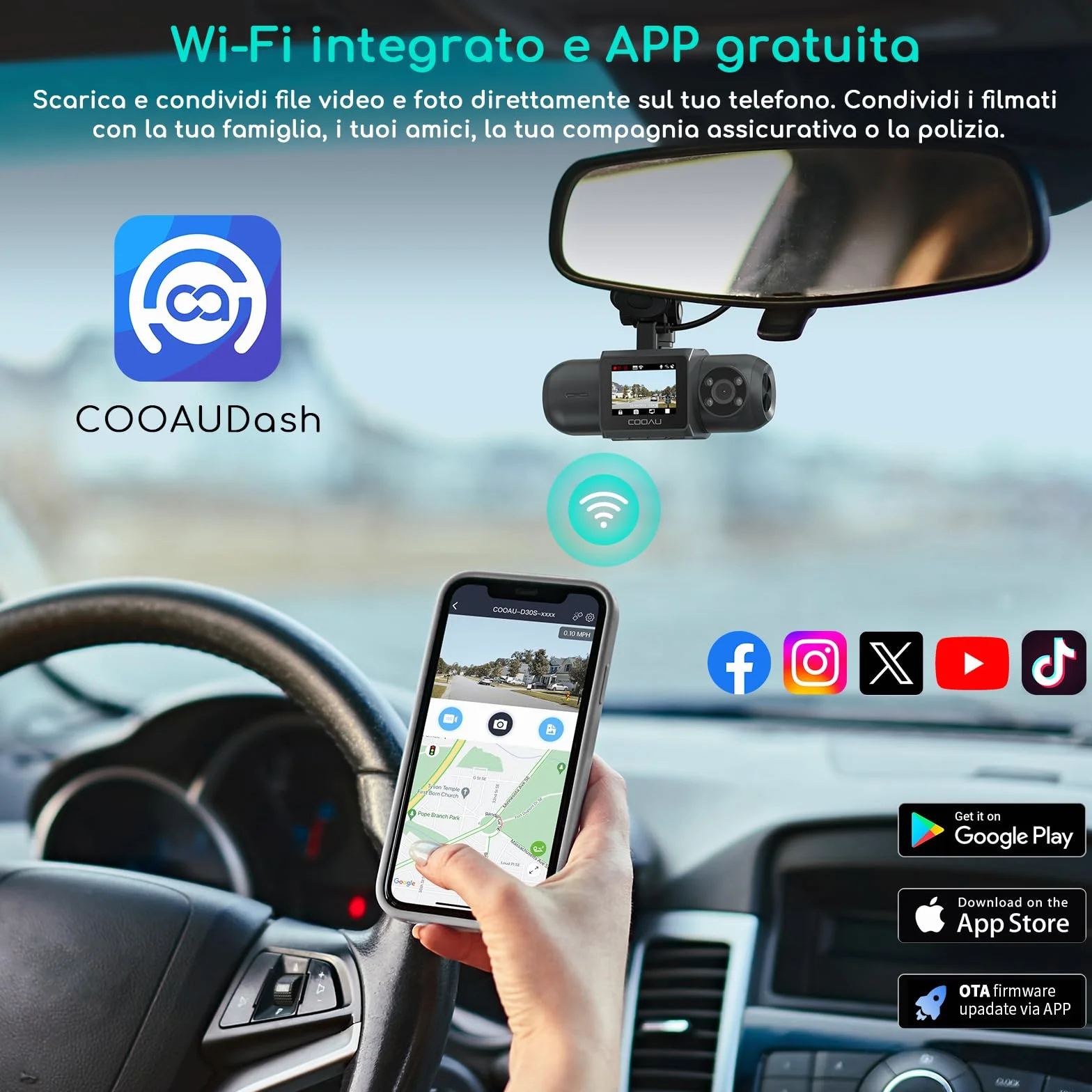 COOAU D30S 4K Dash Cam Auto con GPS Wi-Fi - Doppia Dashcam Auto Anteriore e Interna 2.5K 1080P, Con Visione Notturna a Infrarossi, Sensore G, Modalità Parcheggio, Registrazione in Loop