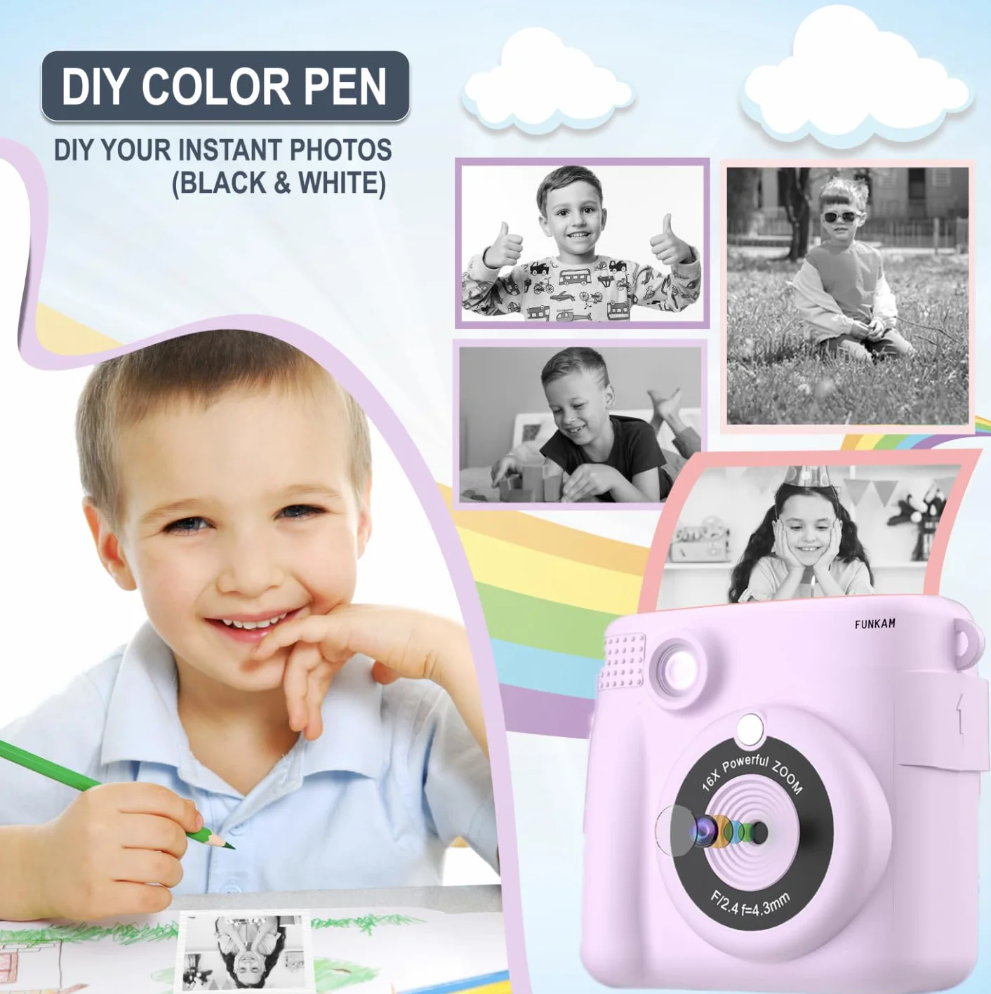 Macchina Fotografica Bambini Istantanea, 2,4" HD 1080P con scheda SD 32GB, 5 pennarelli, adesivi, 5 rotoli di carta, ciondolo. Fotocamera Bambini e ragazze dai 3 ai 14 anni. (Viola)