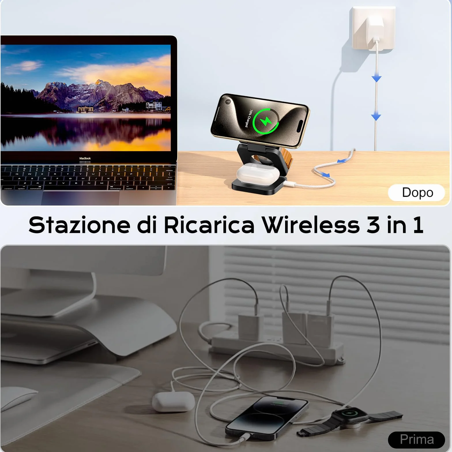 KU XIU Stazione Ricarica per Apple, 3 in 1 caricatore wireless per iphone, supporto magnetico pieghevole per iPhone 17/16/15/14/13/12, caricabatterie rapido da 5 W per Apple Watch, per Airpods