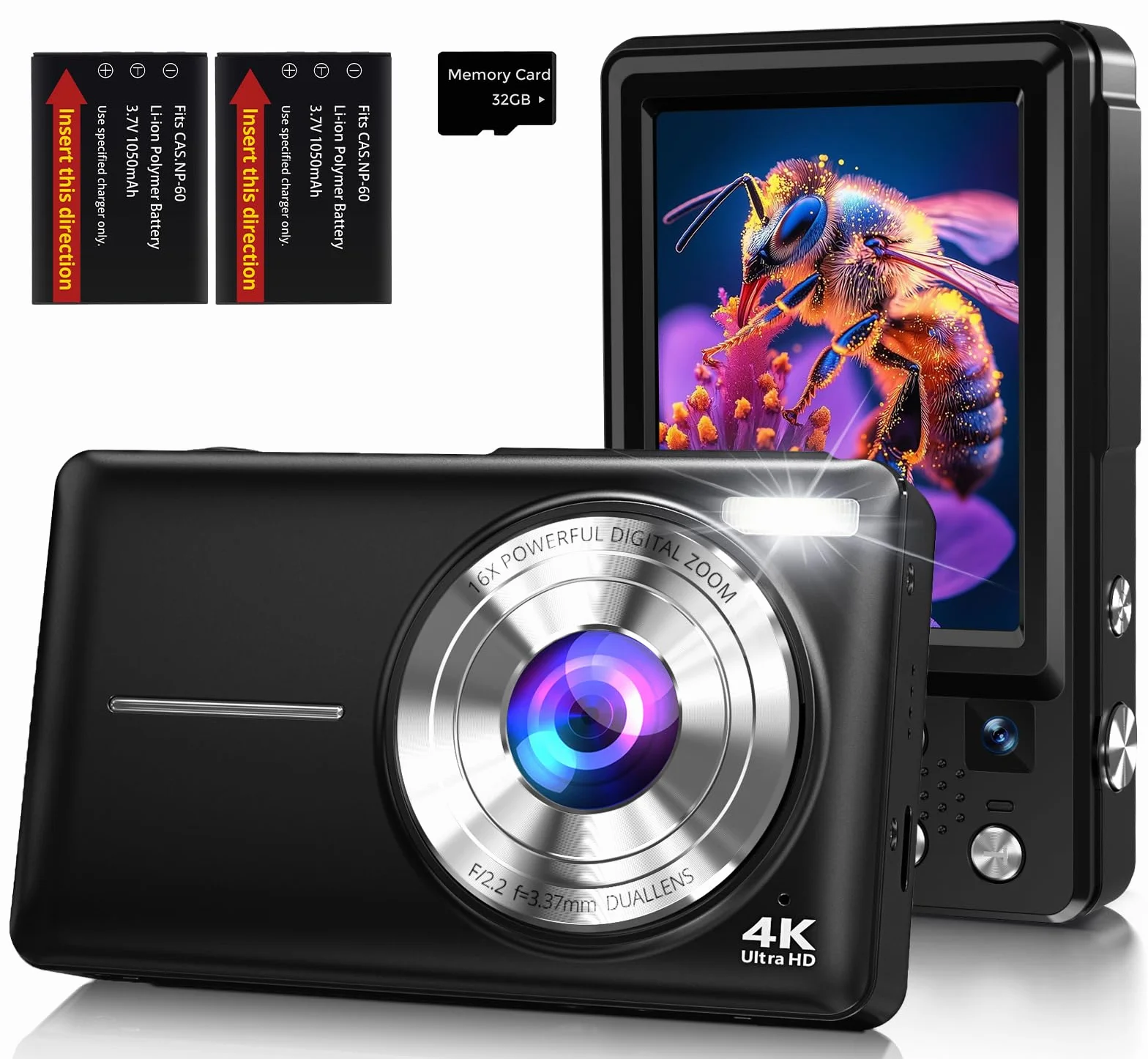 Fotocamera Digitale 4K 64MP Macchina Fotografica Digitale con Doppia Lente, Autofocus, Display IPS 2,8”, Zoom Digitale 16X, Antivibrazione, Due Batterie, Scheda 32GB per Adolescente, Principianti