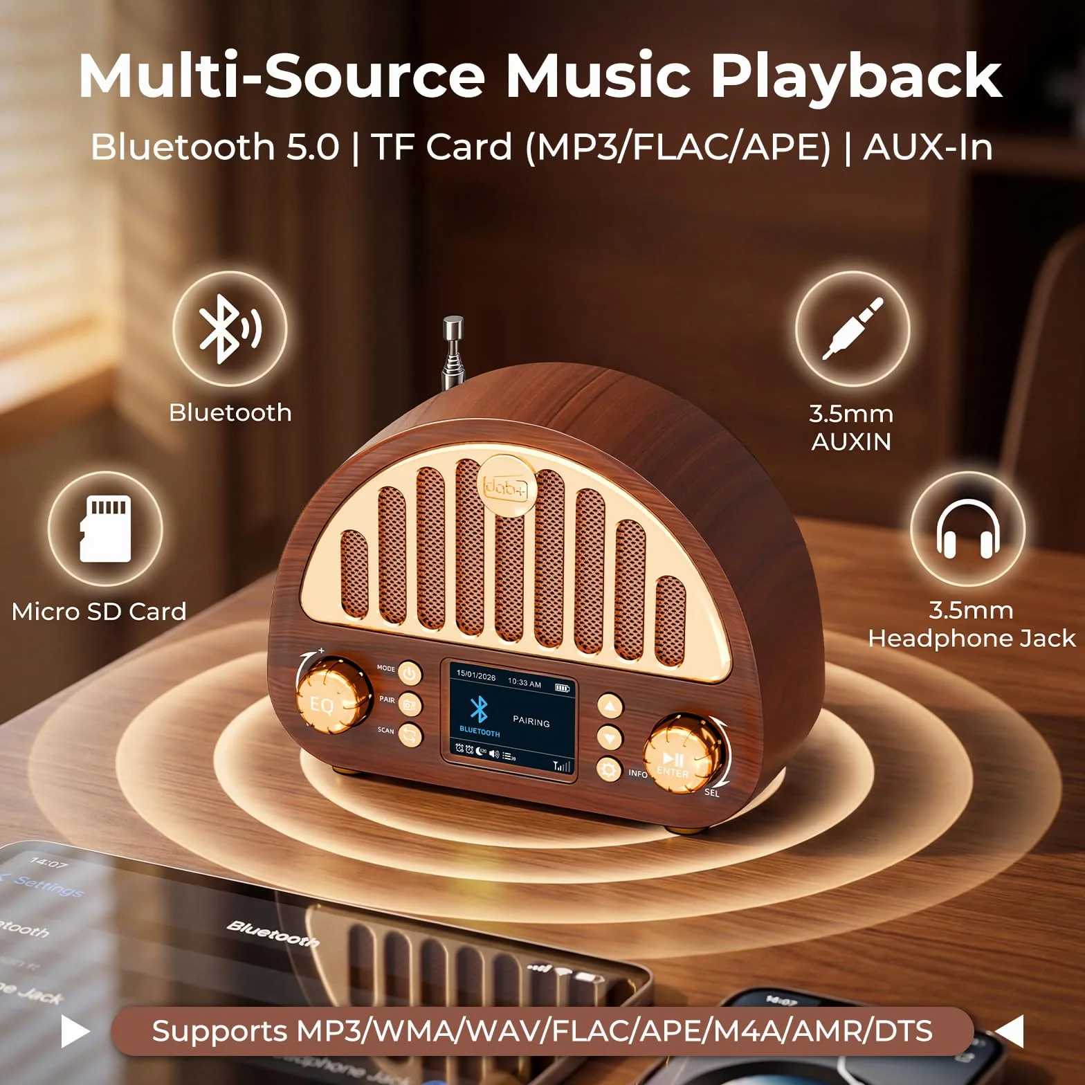 ROCAM Radio DAB+/FM Retrò Bluetooth 5.0 8 W 3000 mAh Display Colori RDS AUX IN MicroSD Sveglia Timer Sonno 80 Preset
