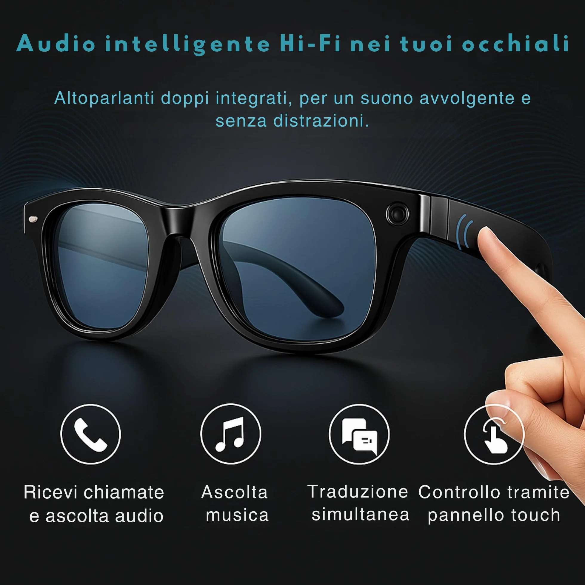 smartia – Occhiali Intelligenti con fotocamera, App inclusa in italiano, Occhiali Bluetooth a mani libere con IA GPT 5 integrata per voce, Occhiali fotocromatici e traduzione in 20 lingue