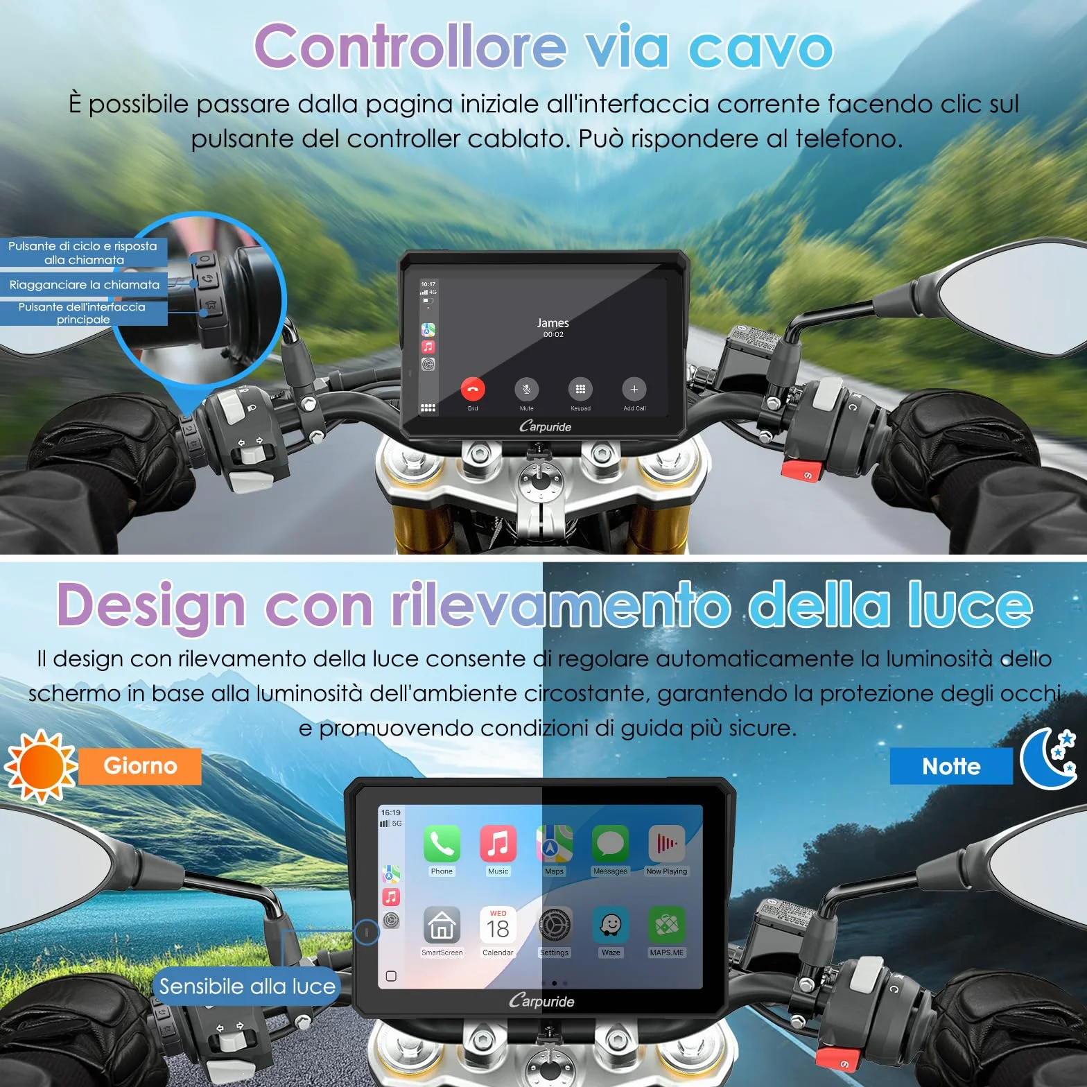 CARPURIDE W702S Pro Moto Carplay Schermo con BM05 Supporto per Plug-and-Play, Senza Fili CarPlay e Android Auto, 7" Impermeabile Touchscreen, Doppio Bluetooth, Cablato Controller, Bussola.
