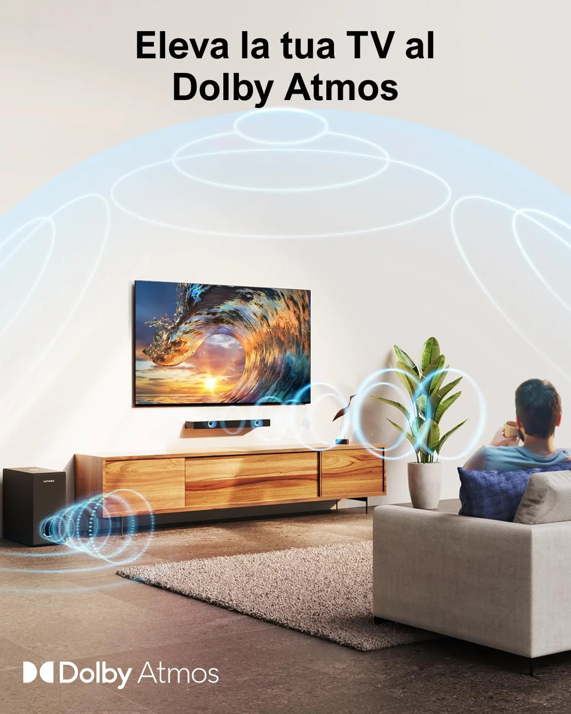 ULTIMEA Soundbar, con Dolby Atmos/Digital/Audio, Sound Bar con Subwoofer, Bassi Profondi Regolabili, Soundbar 3D Dolby Surround TV, Soundbar per TV Home Theater, HDMI-eARC, Bluetooth 5.3, Nova S50