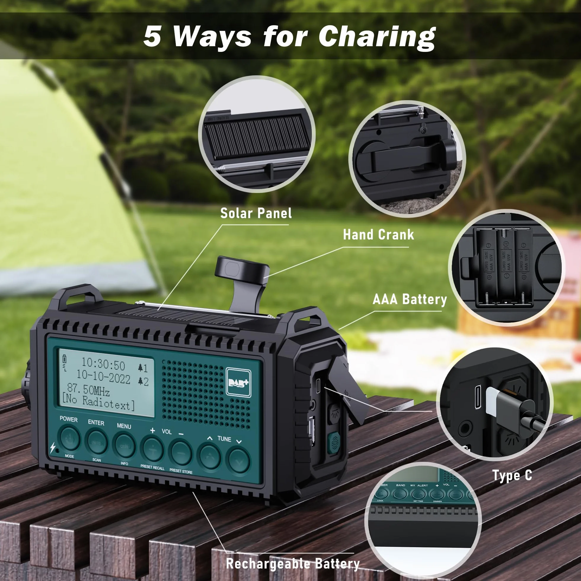 Radio DAB+/DAB/FM Con Batteria Ricaricabile 5000 mAh, Emergenza Con Torcia Elettrica, Campeggio Portatile Con Ricarica USB, Dinamo Allarme SOS, per Escursionismo