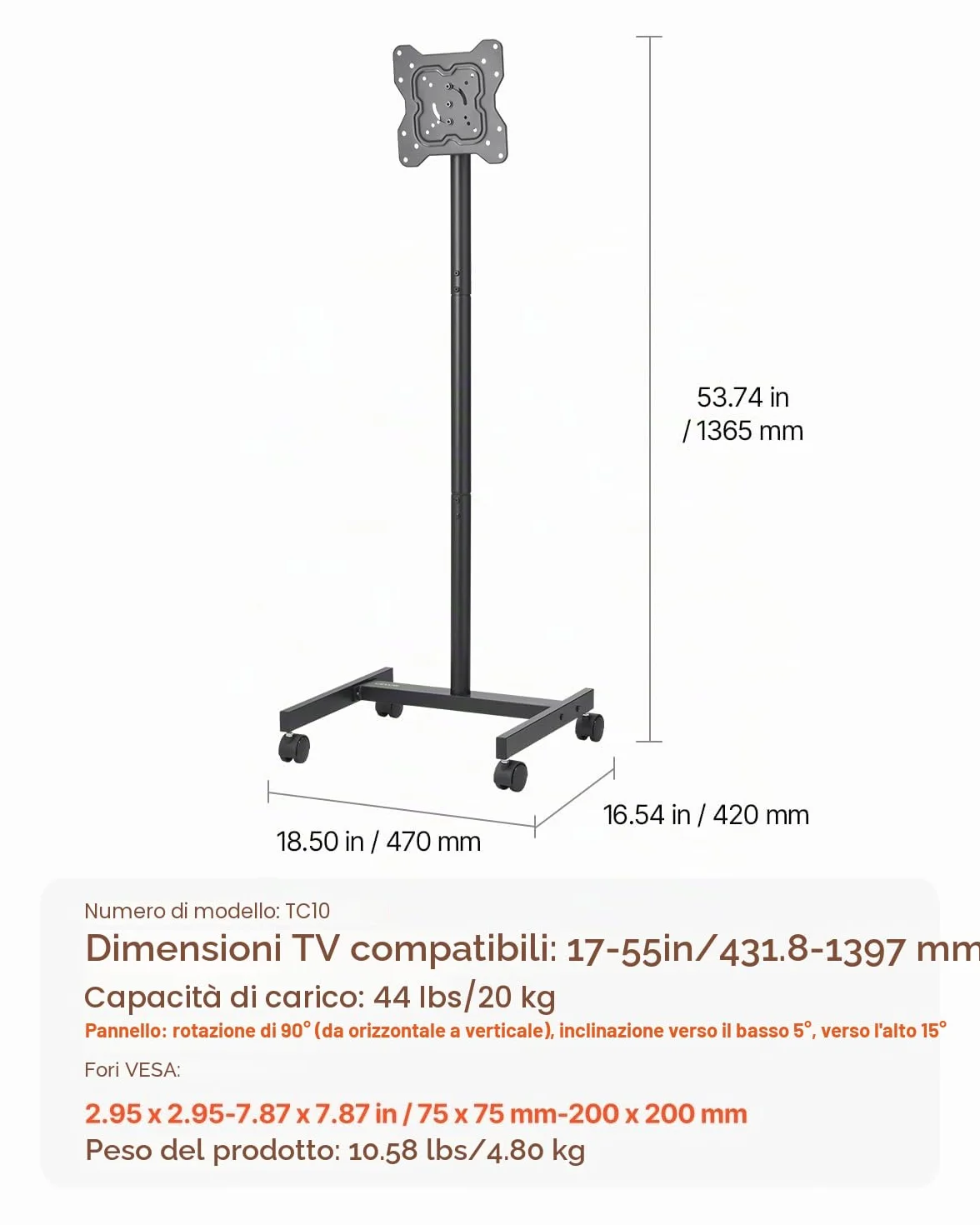 VEVOR Supporto TV da Pavimento per Schermo Piatto Curve 431,8-1397 mm, Carrello Porta TV Carico max. 20 kg, VESA 200 x 200 mm