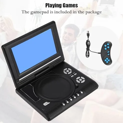 Lettore DVD Portatile da 7 Pollici con Schermo Girevole, Batteria Ricaricabile, Caricabatteria per Auto, Gamepad, Supporta più Formati e Funzione TV (Spina UE)