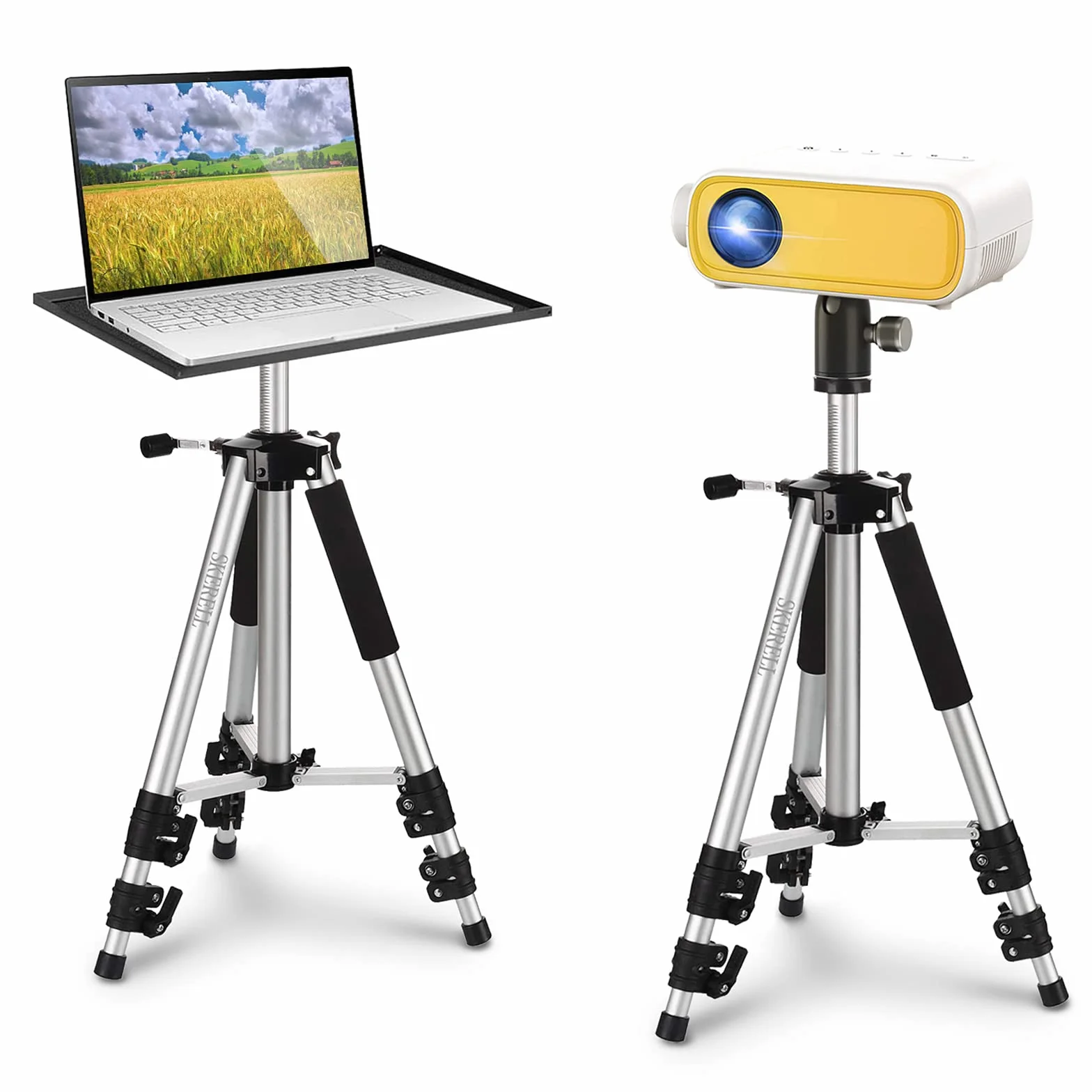 SKERELL Supporto per proiettore, supporto universale per laptop, treppiede in lega di alluminio con vassoio e testa a sfera, borsa per il trasporto, altezza regolabile da 17 a 48 pollici (argento)