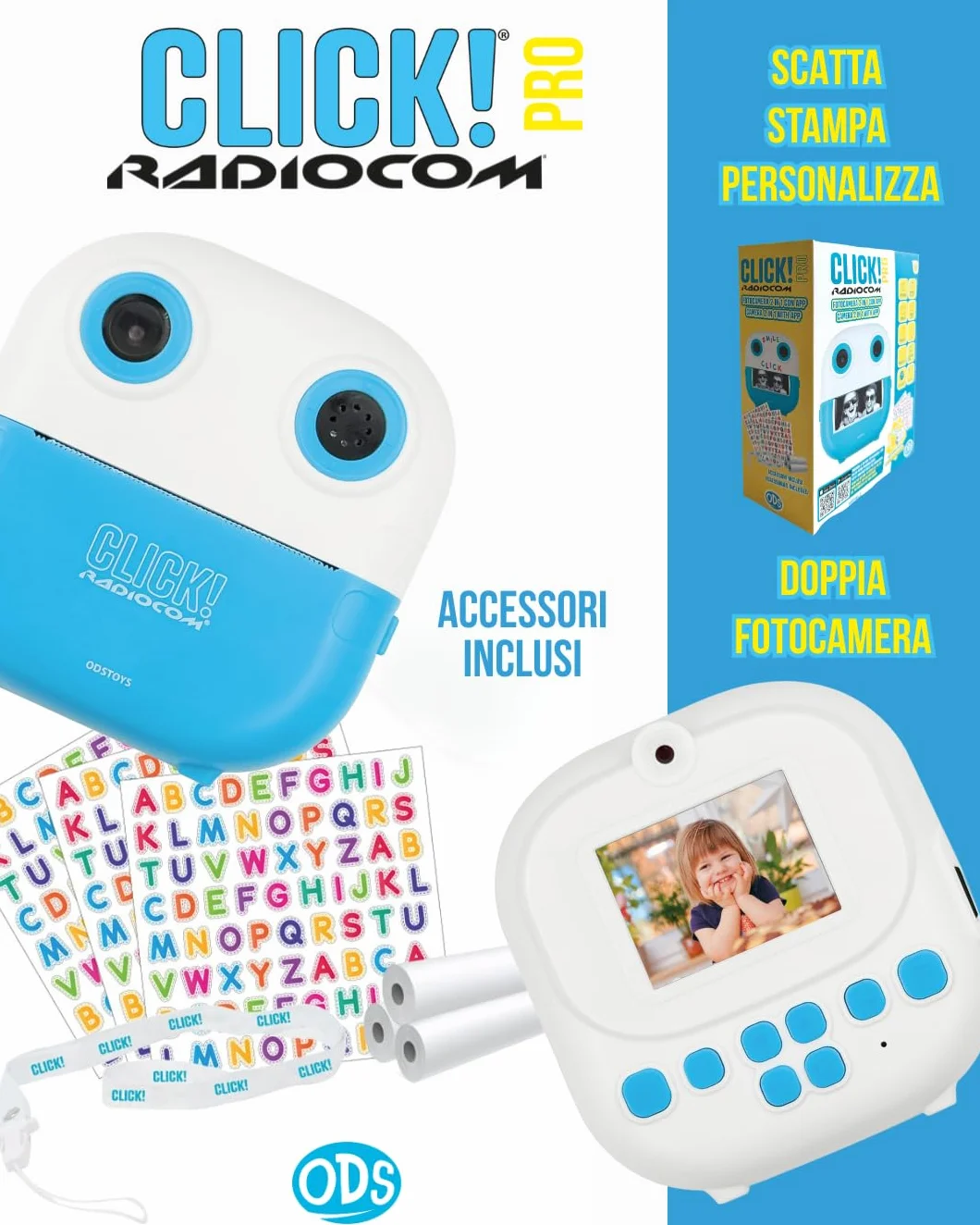 Click! 4 - Fotocamera istantanea per bambini - Doppia fotocamera - Stampa foto e disegni da App - Video 1080p - Zoom 6x - Giochi - MP3 - Display 2" LCD - microSD 4GB - Accessori inclusi