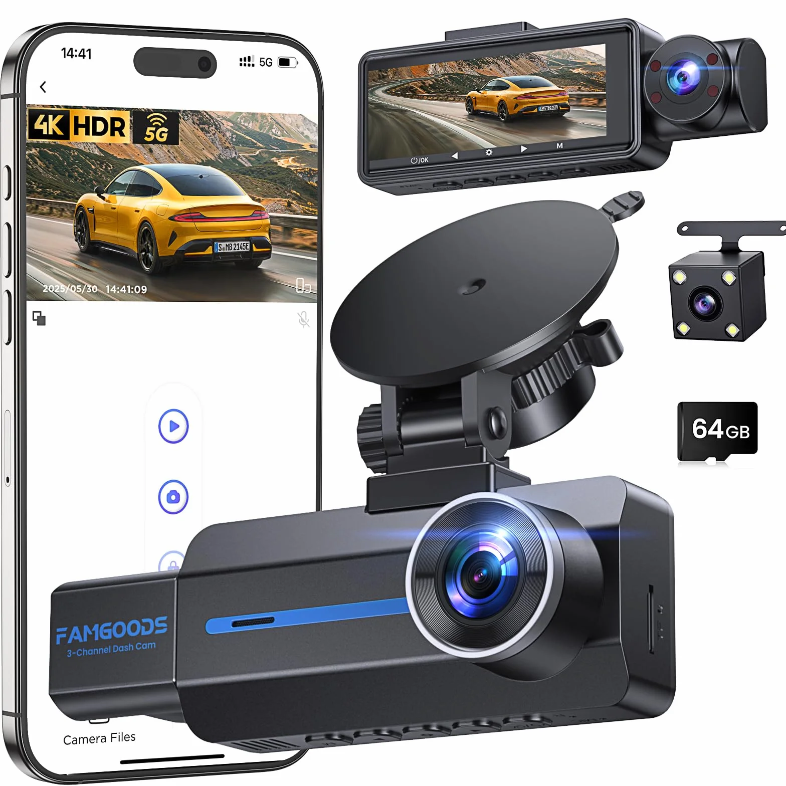 Famgoods Dash Cam 4K 360° 3.16" IPS WiFi 5GHz G-Sensor Night Vision Loop Recording