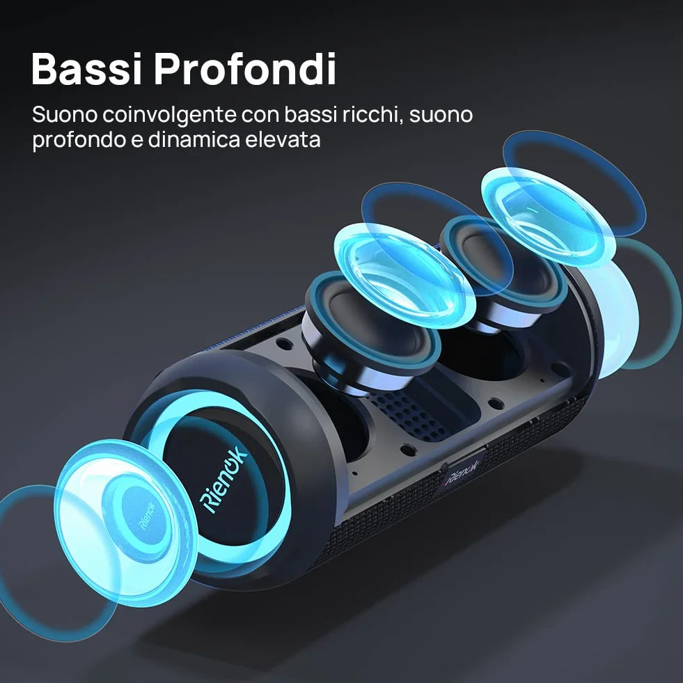 RIENOK Cassa Bluetooth Portatile Potente 30W IPX7 Impermeabile Altoparlante Bluetooth, Bassi Potenti, Luce LED, AUX & Micro SD