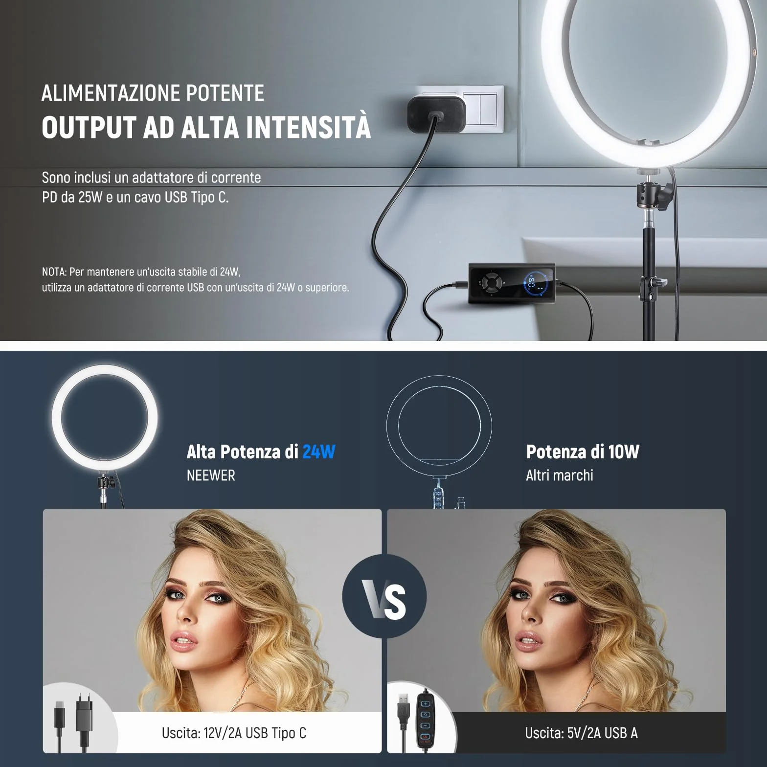 NEEWER LED Ring Light 24W 30cm z Treppiedem, Bicolore 2900-7000K, PD USB C, CRI97+, 1810lux/0,5m, RH12B K2