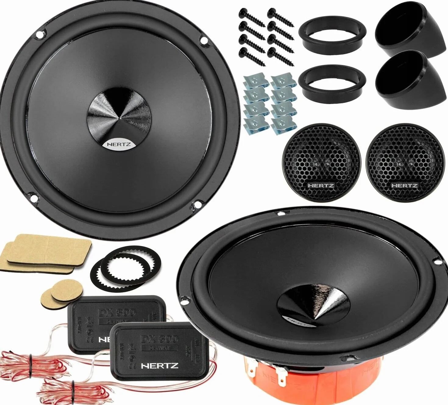 Kit 6 Casse Altoparlanti per Fiat 500L e 500X Anteriori e Posteriori compatibile con Hertz DSK165.3+DCX165.3 Set 2 Woofer 2 Tweeter 2 Coassiali 4 Anelli 4 Cavi (No Plug and Play)