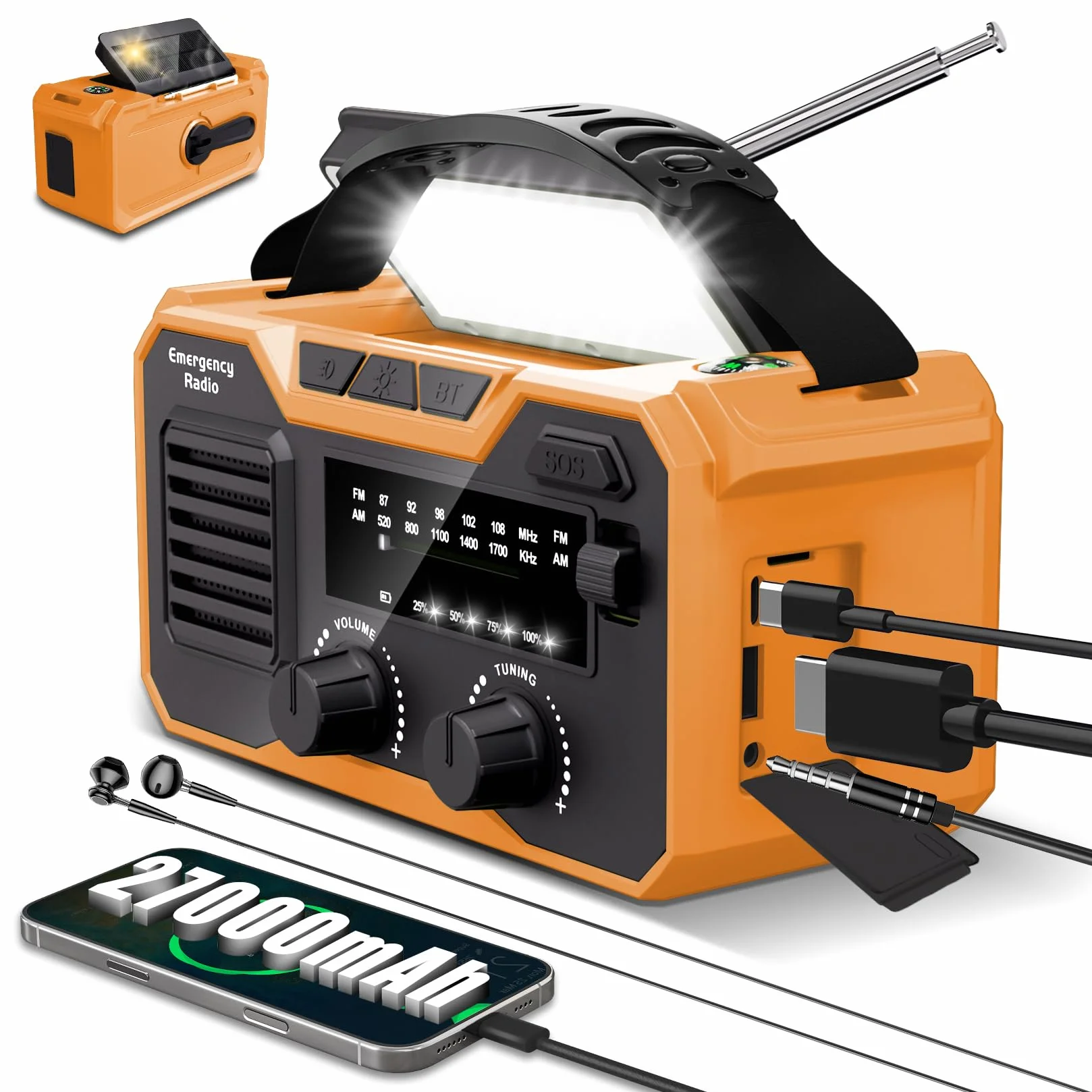 Radio a Manovella 27000mAh FM/AM Bluetooth 5.3 Solare Dinamo Allarme SOS Torcia Elettrica Arancione