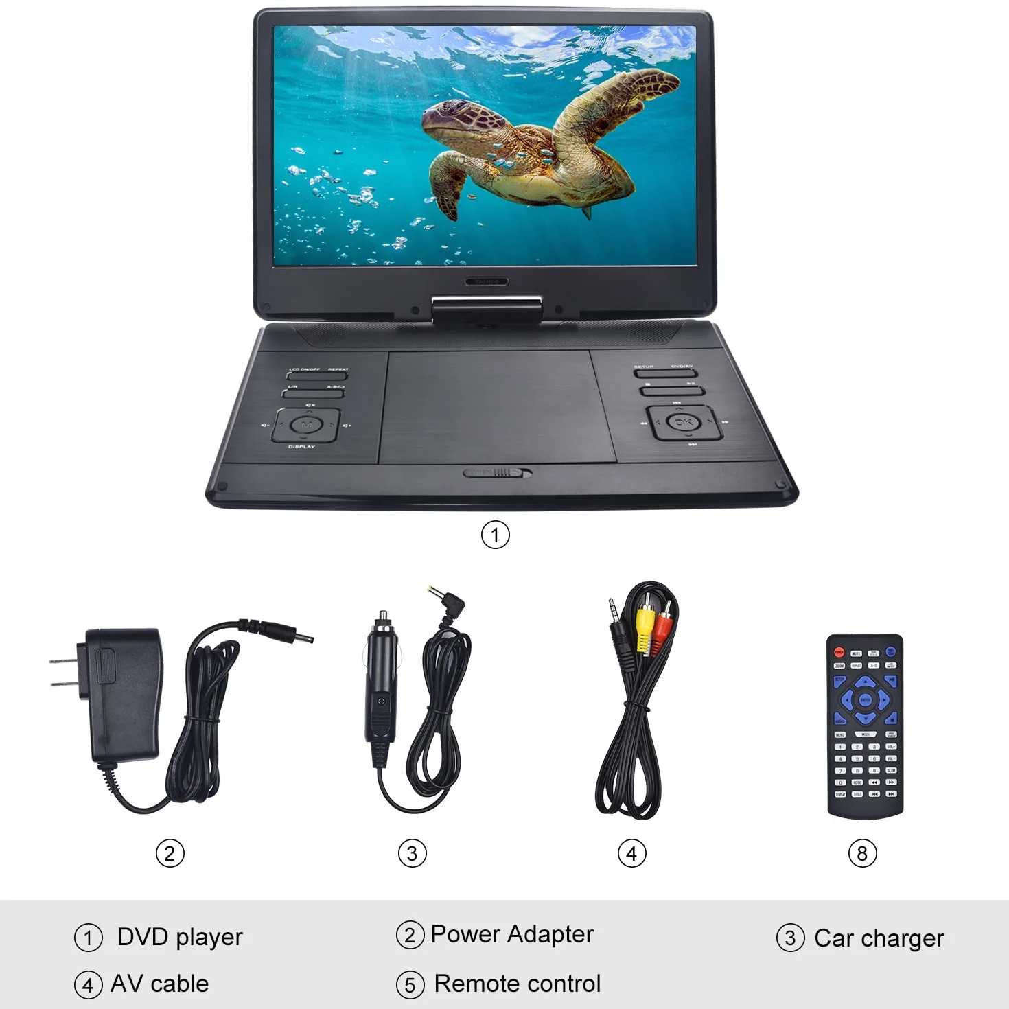YOOHOO Lettore DVD portatile da 16,9" con grande schermo girevole da 14,1", con batteria ricaricabile, lettore DVD mobile per bambini, sincronizzazione TV, supporta scheda USB SD con caricatore per